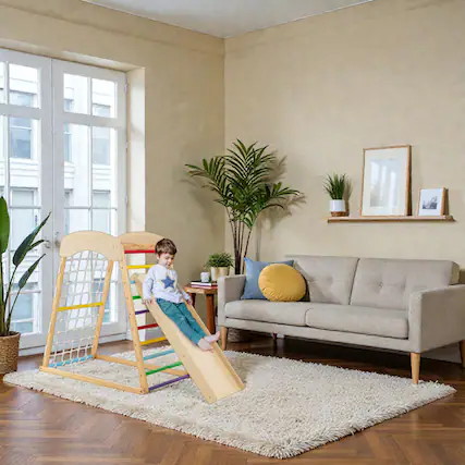 Front. BreeBe - 6-in-1 Wooden Indoor Jungle Gym with Double Ramp and Monkey Bars - Multicolor.