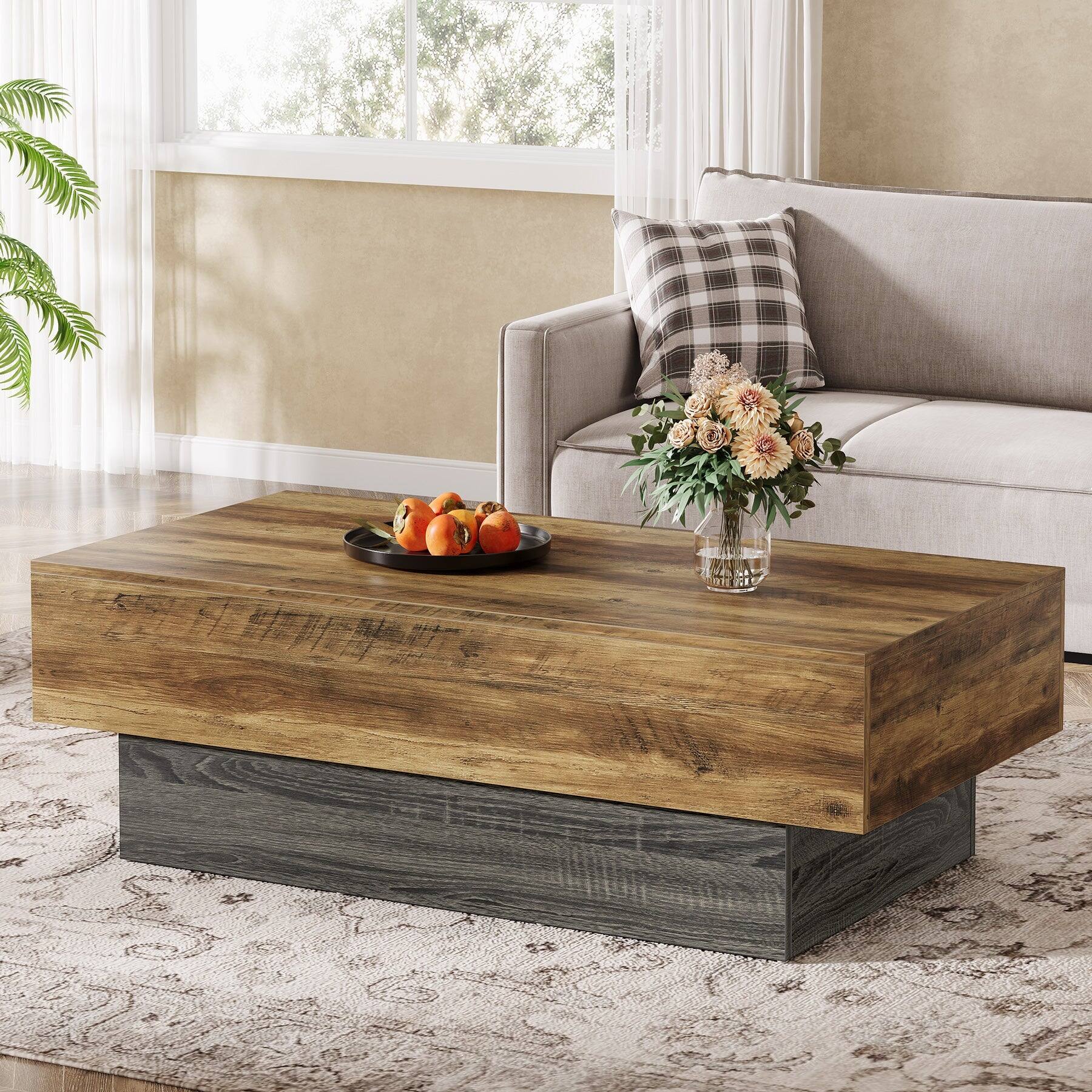 Back. Tribesigns - Farmhouse Coffee Table with Engineered Wood Construction and Rectangular Top for Living Room - Brown.