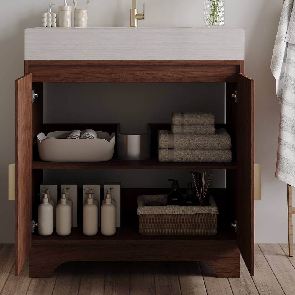 Left. Loheer - Loheer 30 inch freestanding bathroom vanity with seamless ceramic sink and sintered stone countertop - Brown, Stone Gray.