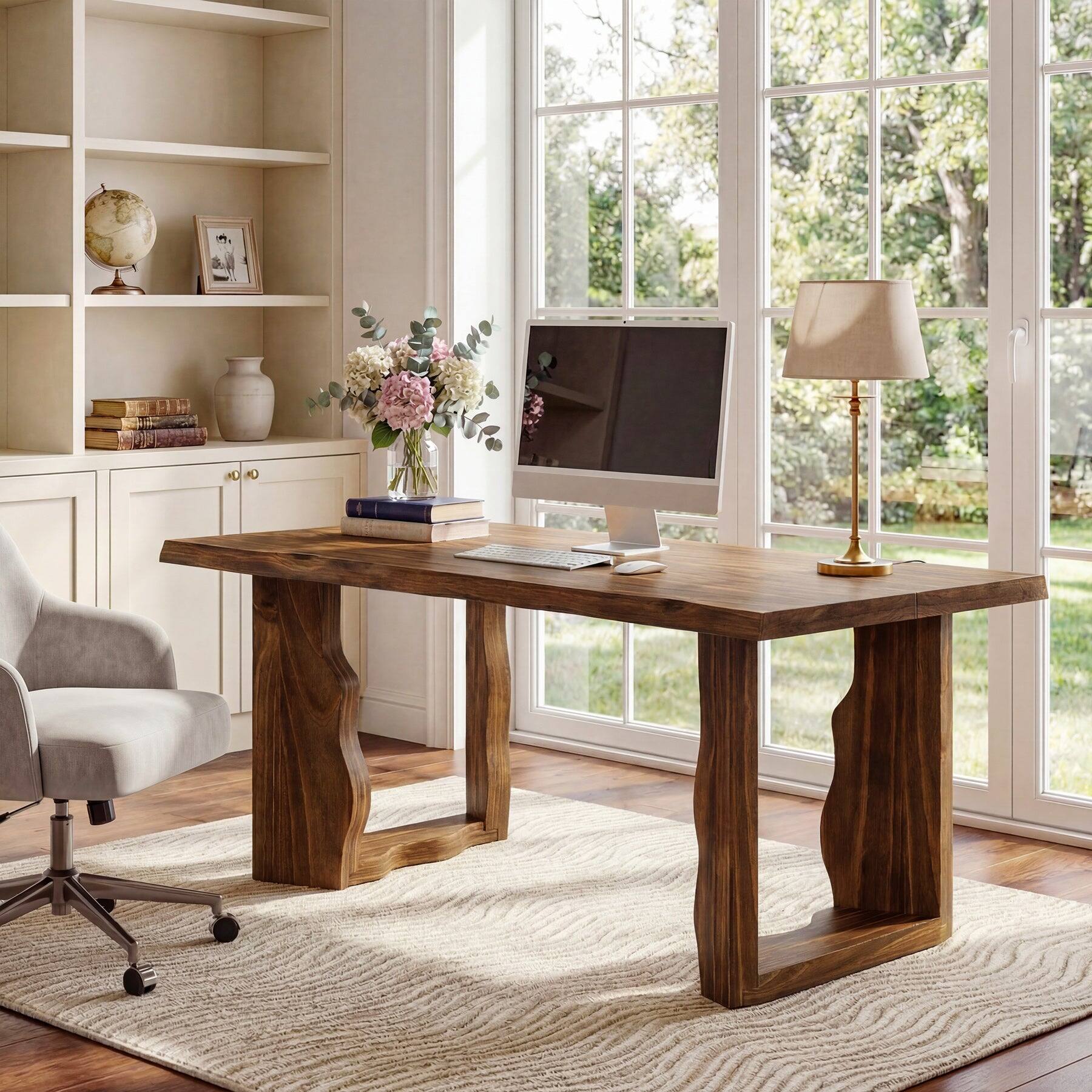 Back. Tribesigns - Office Executive Desk with Solid Wood Construction, for Computer Work and Writing in Home Offices - Dark Brown.