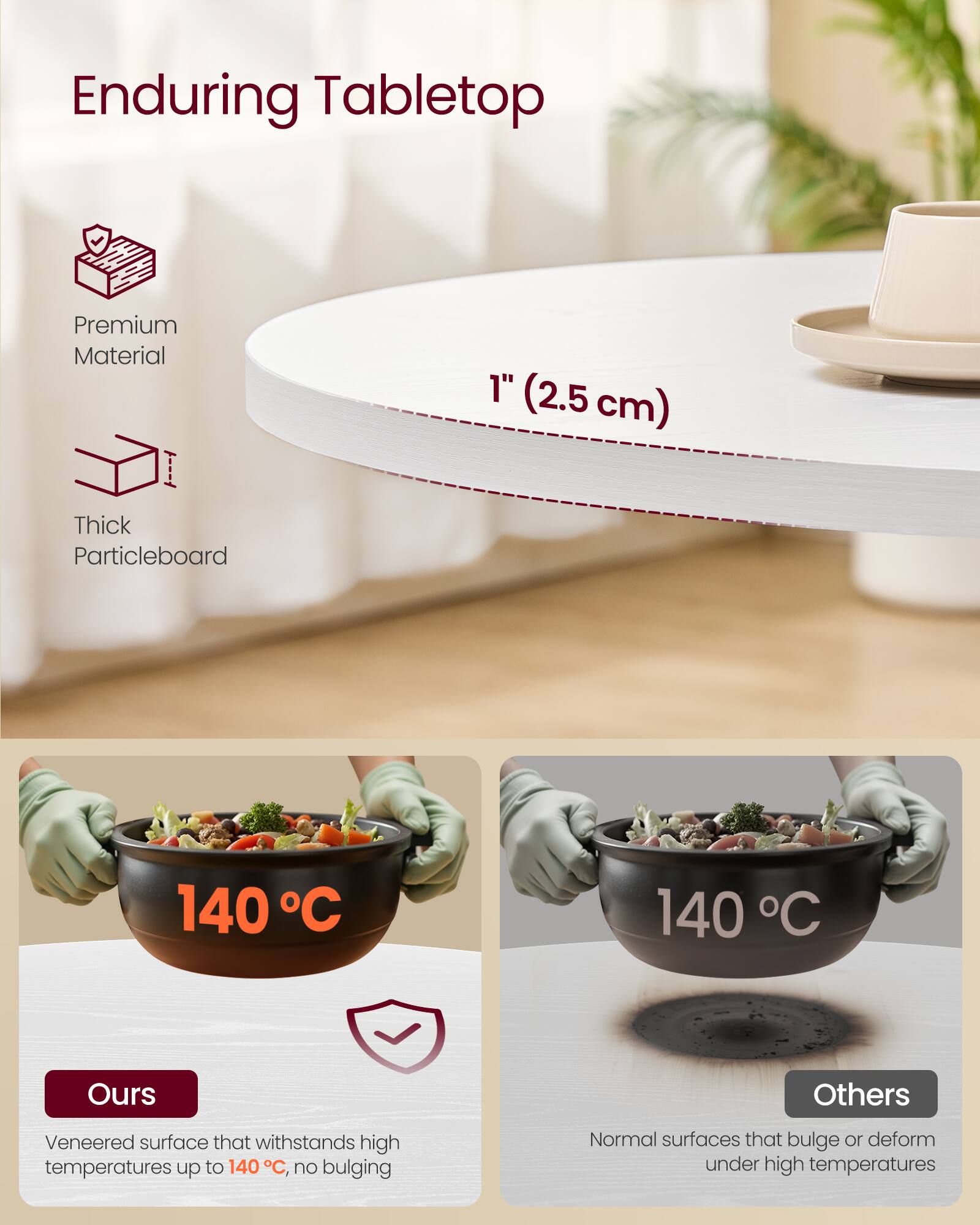 Enduring Tabletop

Premium Material  
1" (2.5 cm) Thick Particleboard

140°C  
Ours  
Veneered surface that withstands high temperatures up to 140°C, no bulging

140°C  
Others  
Normal surfaces that bulge or deform under high temperatures