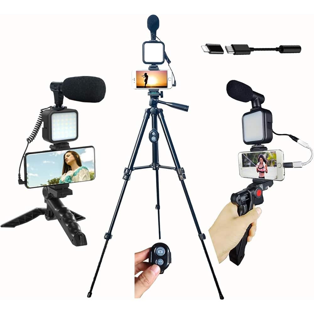 MOSZAR LLC - Vlogging Kit for iPhone & Android with Mic, Light, Tripods & Remote - Black