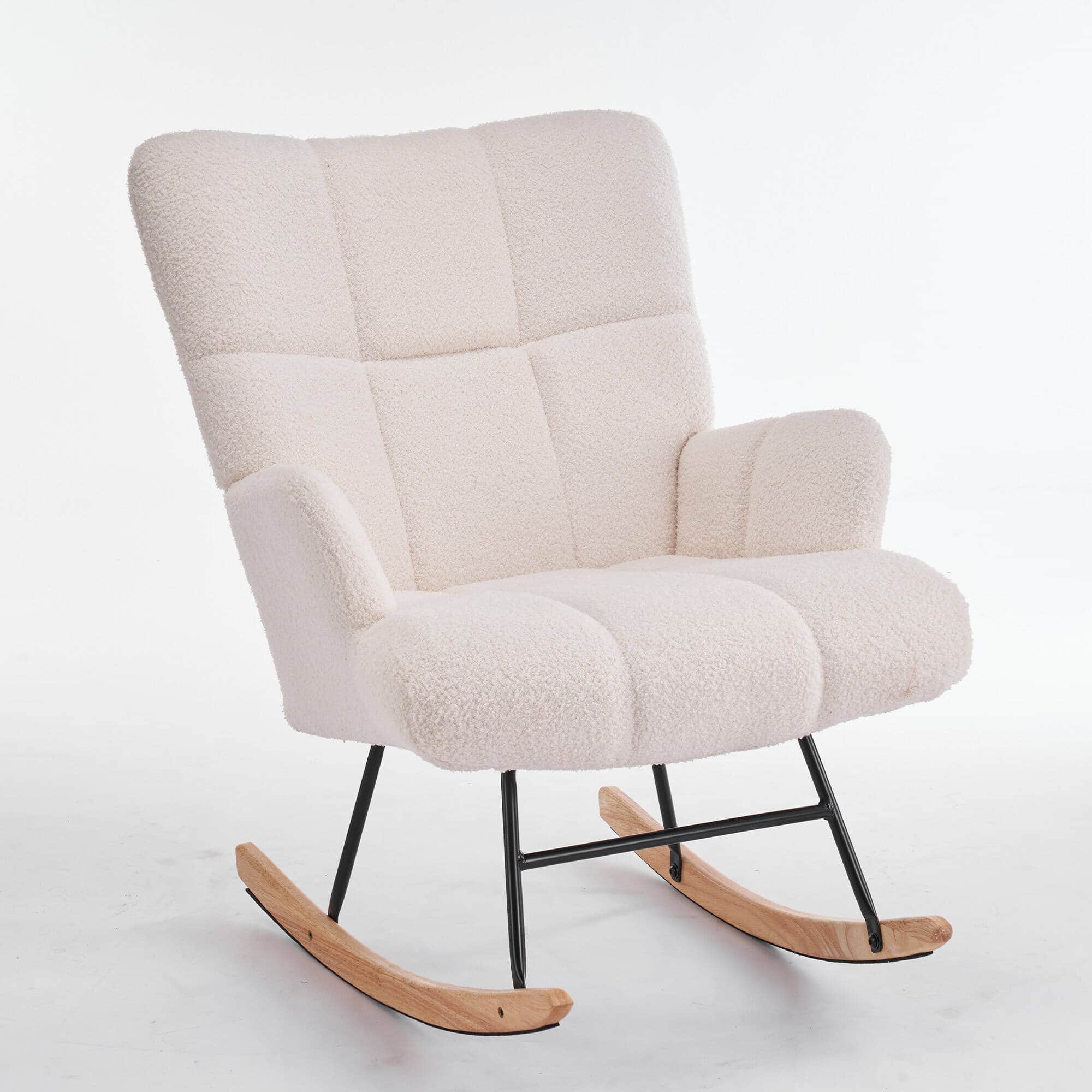 Front. FERPIT - FERPIT Teddy Upholstered Wingback Rocking Accent Chair with Rubberwood Legs, White - White.