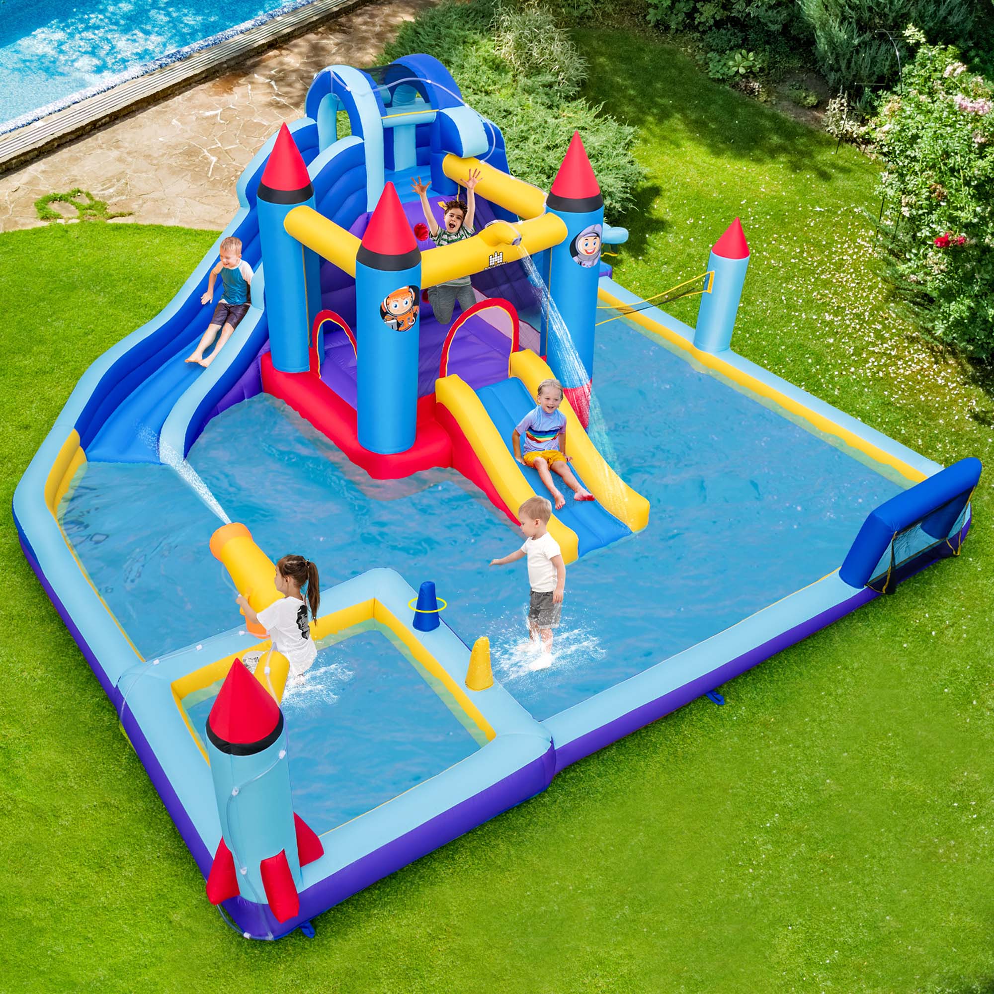 Alt View 1. Costway - Costway Rocket Theme Inflatable Water Slide Park with 2 Slides Splash Pool & 1100W Blower - Multicolor.