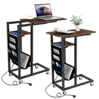 Costway - 2 PCS C-shaped End Table with Charging Station Rolling Bedside Table Couch Side Table - Rustic Brown/Black - Front_Zoom