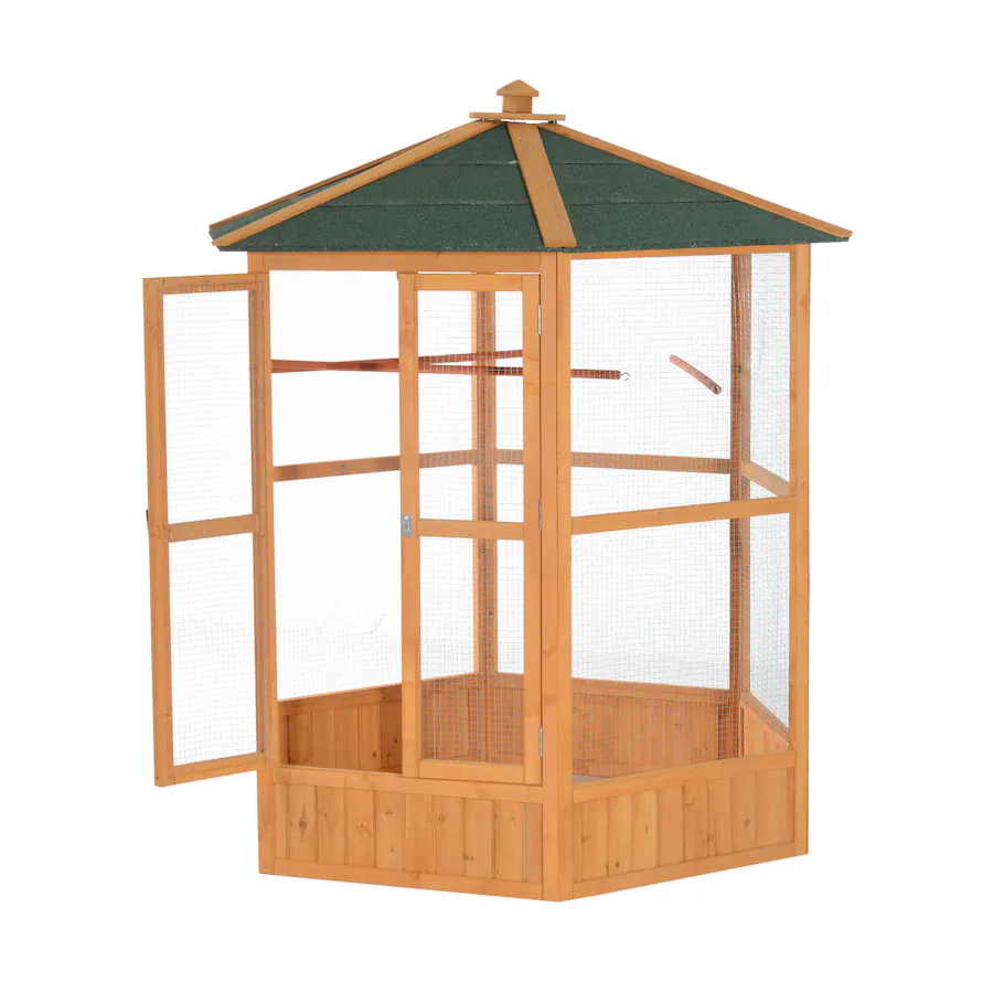 Pawhut Wooden Hexagonal Outdoor Aviary Flight Bird Cage With Covered ...