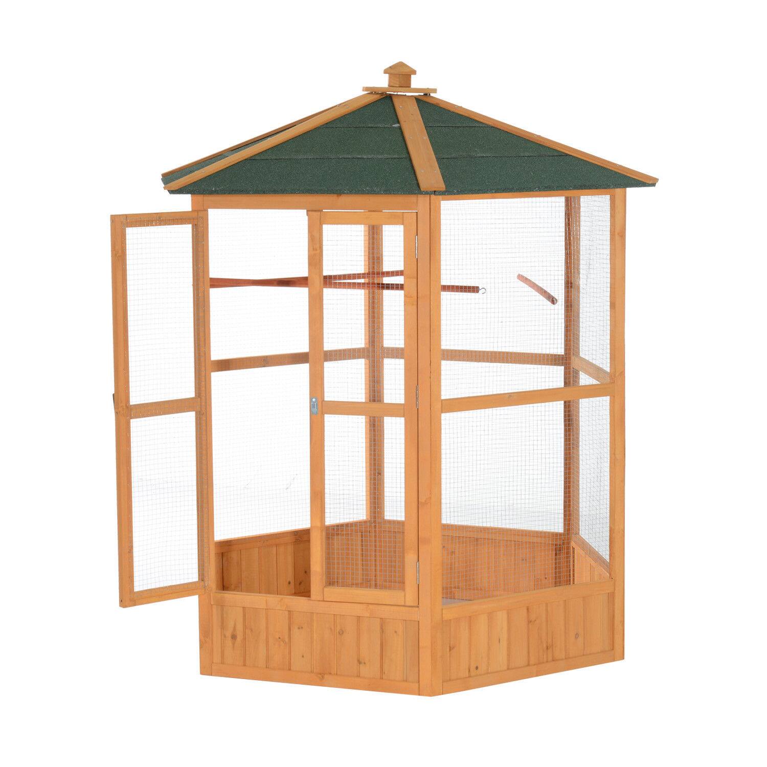 Back. Pawhut - 69" Large Wooden Hexagonal Outdoor Aviary Flight Bird Cage With Covered Roof.