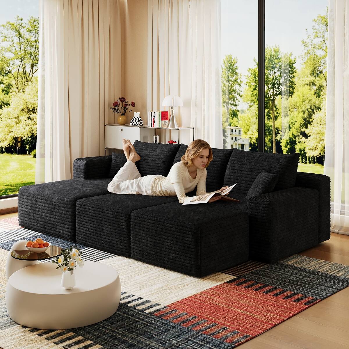 Ropilly 95 Inch U Shaped Sectional Sofa, Black Modular Deep Seat Corner ...