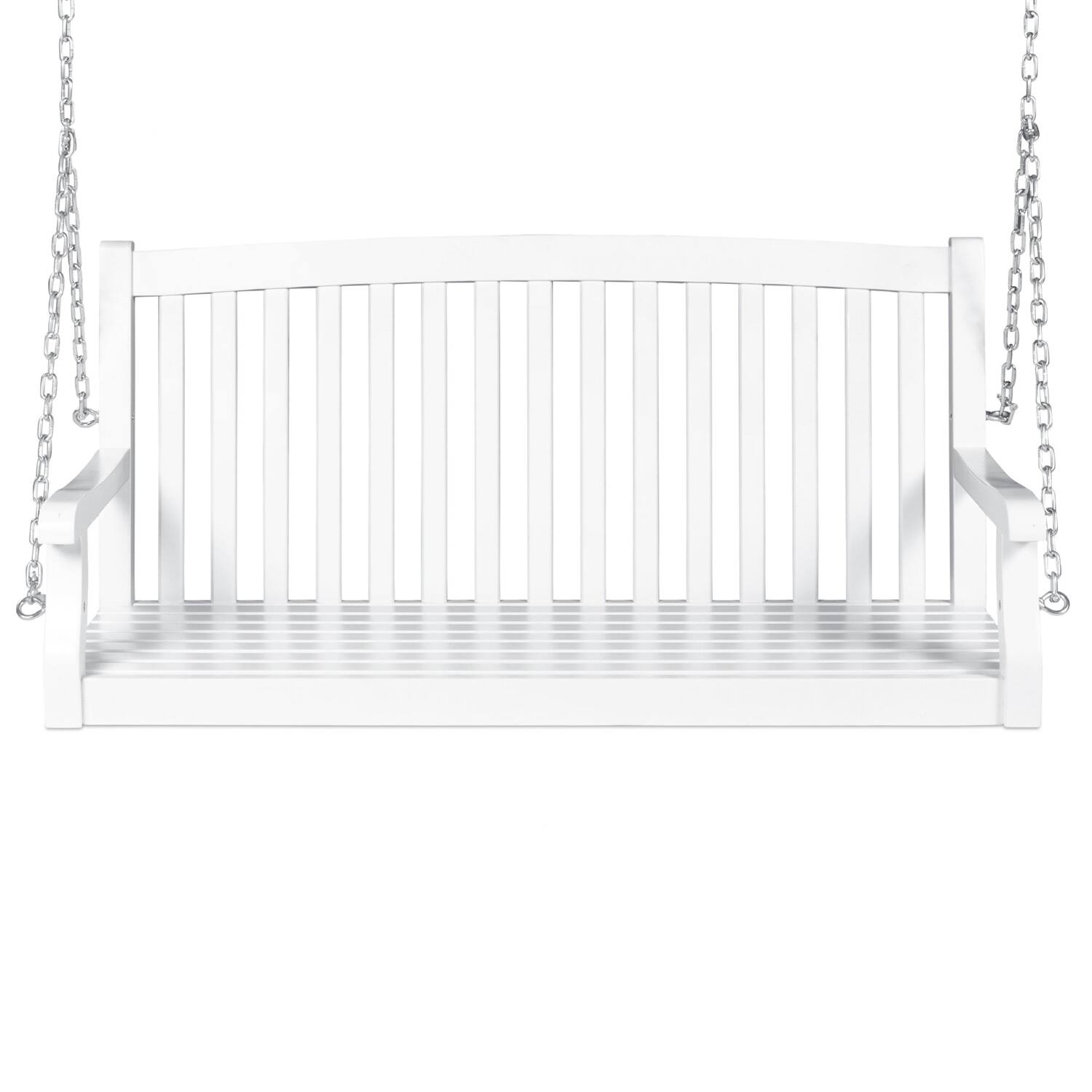 Angle. Hivvago - White Acacia Wooden Curved Back Hanging Porch Swing Bench with Mounting Chains - White.