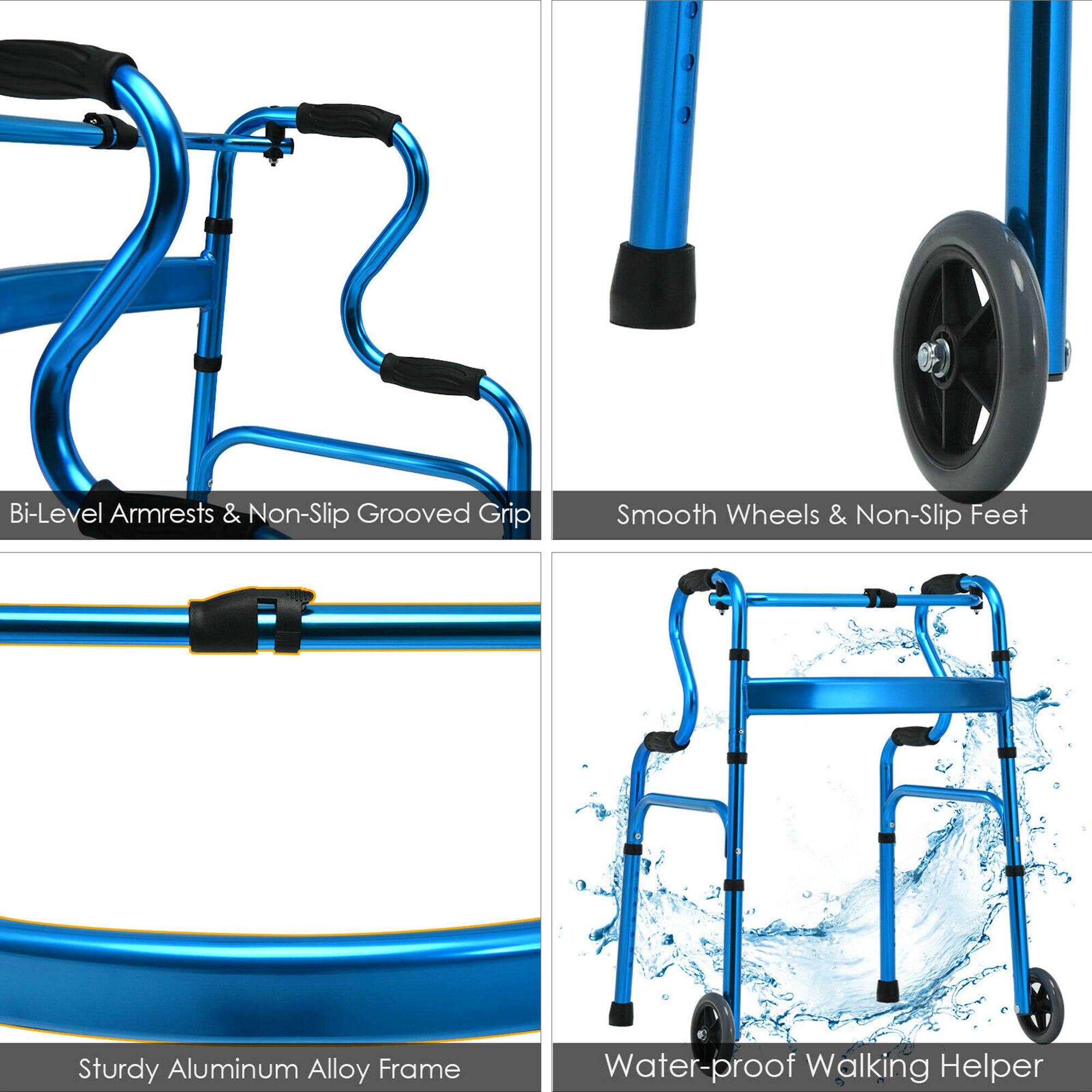 - Bi-Level Armrests & Non-Slip Grooved Grip
- Smooth Wheels & Non-Slip Feet
- Sturdy Aluminum Alloy Frame
- Water-proof Walking Helper