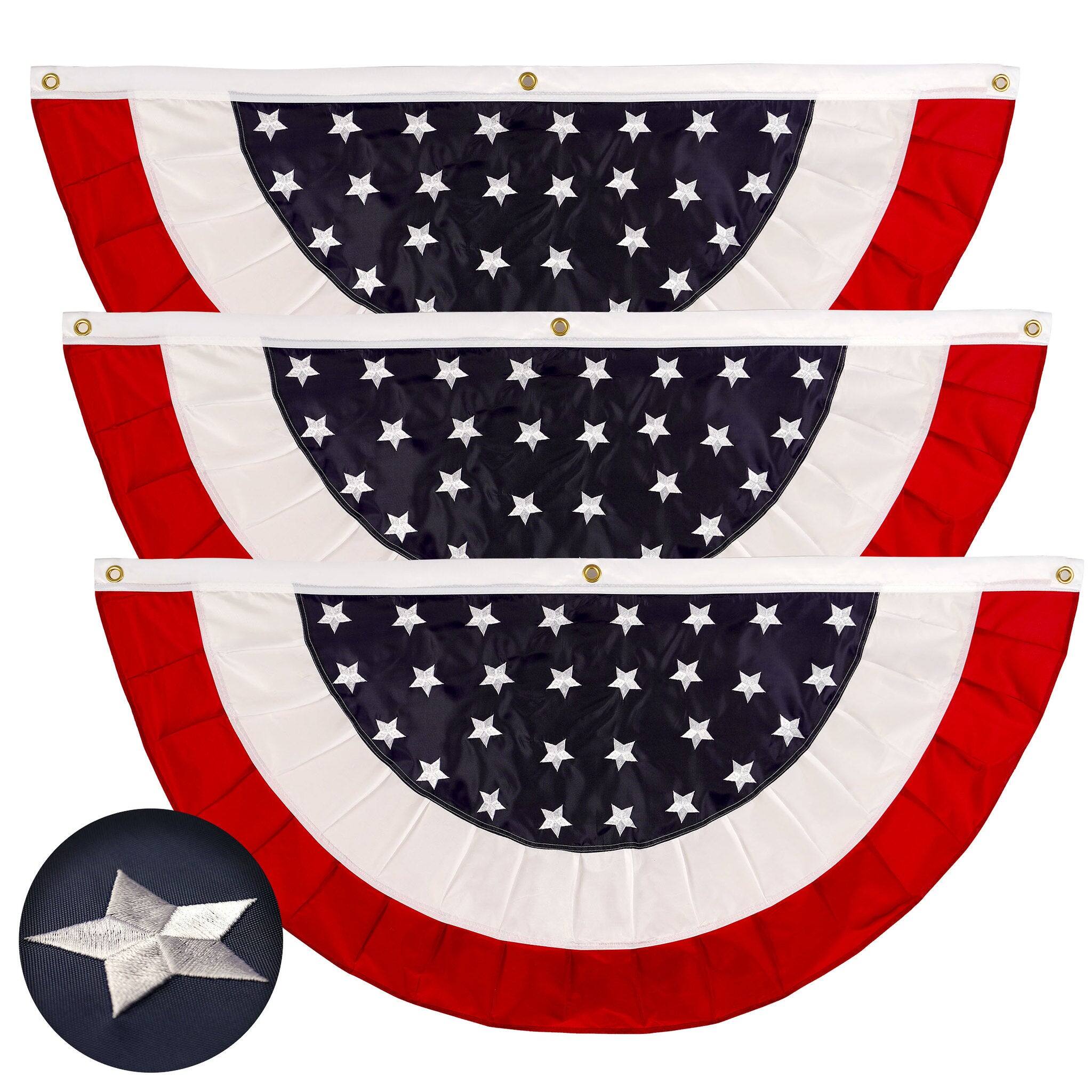 Front. G128 - G128 - 3 Pack: USA Pleated Fan Flag 1.5x3FT Star Center Embroidered Polyester Stars and Stripes - Red, white, blue.