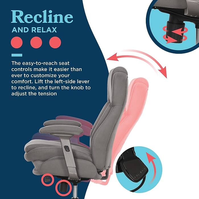 Recline AND RELAX

The easy-to-reach seat controls make it easier than ever to customize your comfort. Lift the left-side lever to recline, and turn the knob to adjust the tension.