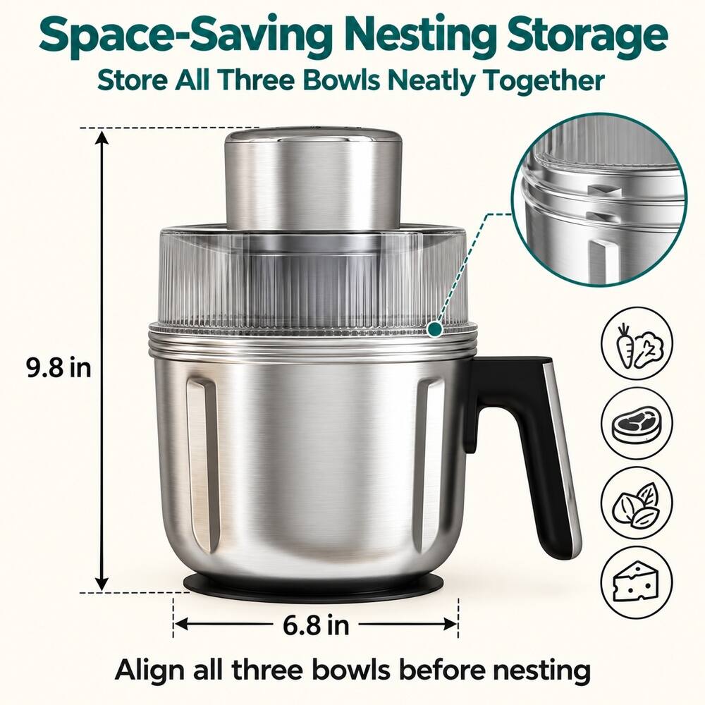 Space-Saving Nesting Storage  
Store All Three Bowls Neatly Together

9.8 in  
6.8 in  
Align all three bowls before nesting