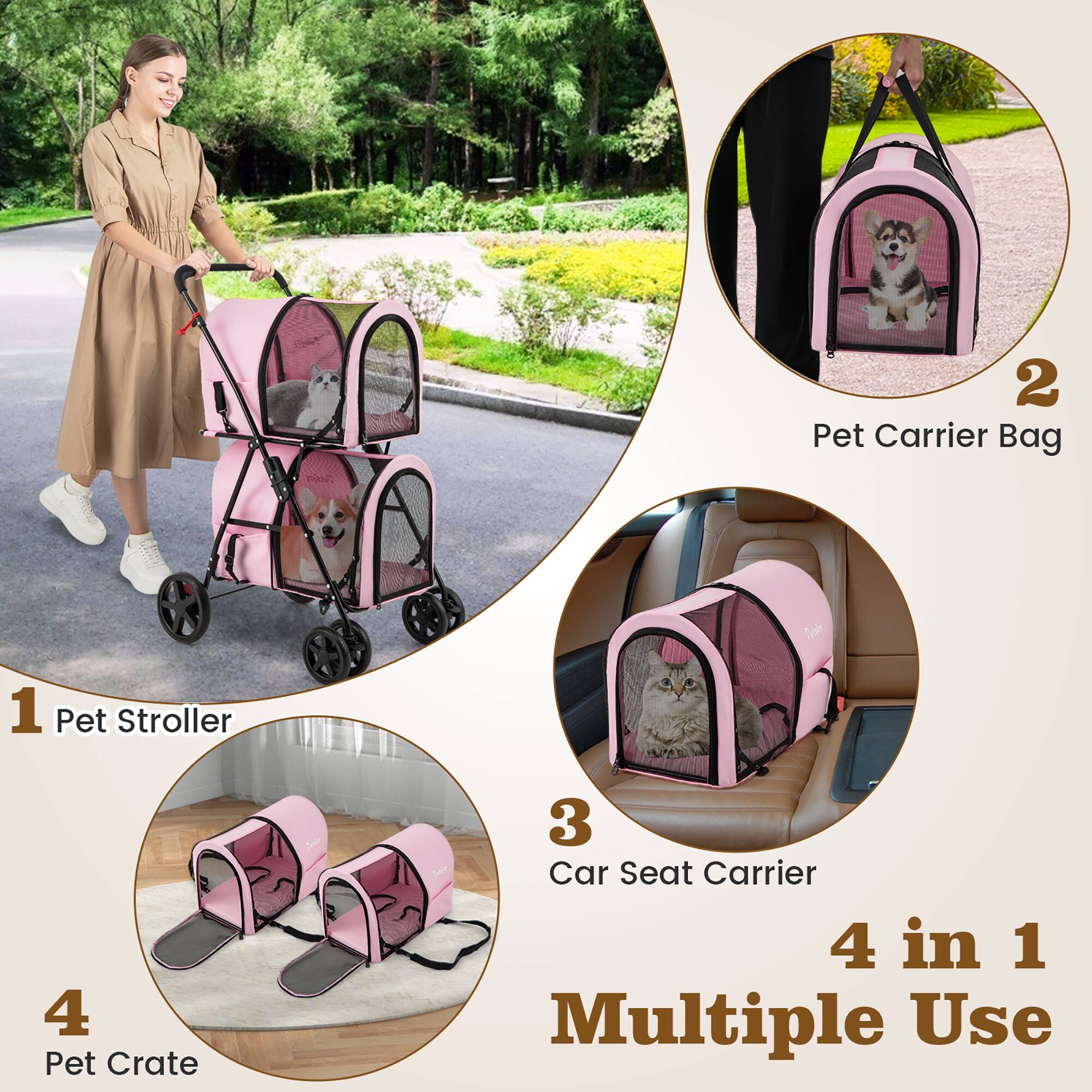1. Pet Stroller  
2. Pet Carrier Bag  
3. Car Seat Carrier  
4. Pet Crate  

4 in 1 Multiple Use