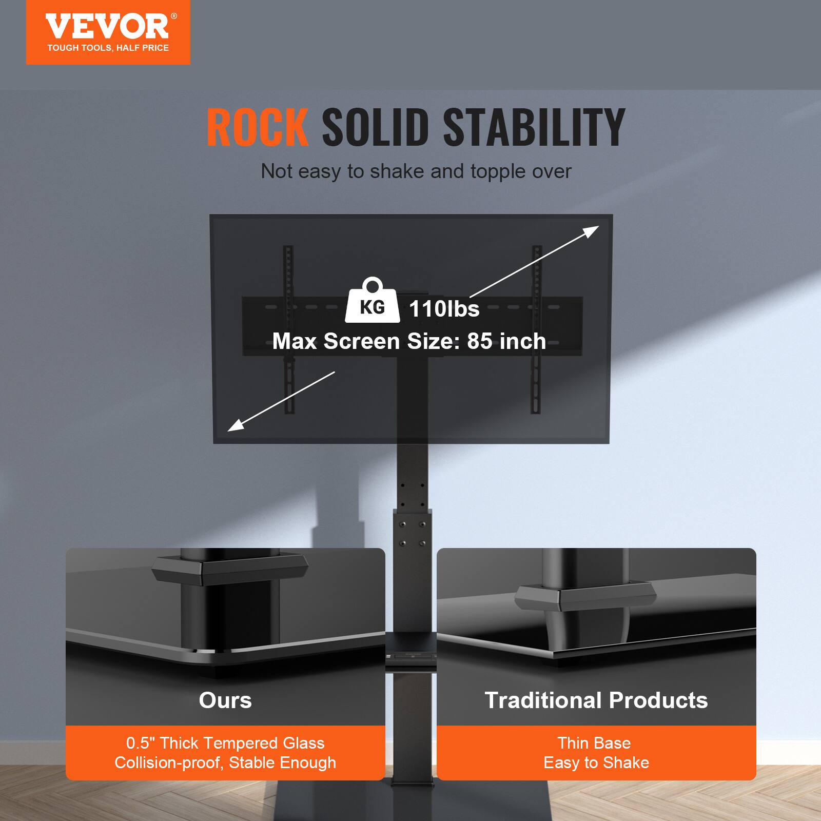 VEVOR TOUGH TOOLS, HALF PRICE
ROCK SOLID STABILITY
Not easy to shake and topple over
KG 110lbs
Max Screen Size: 85 inch
Ours
Traditional Products
0.5" Thick Tempered Glass
Collision-proof, Stable Enough
Thin Base
Easy to Shake