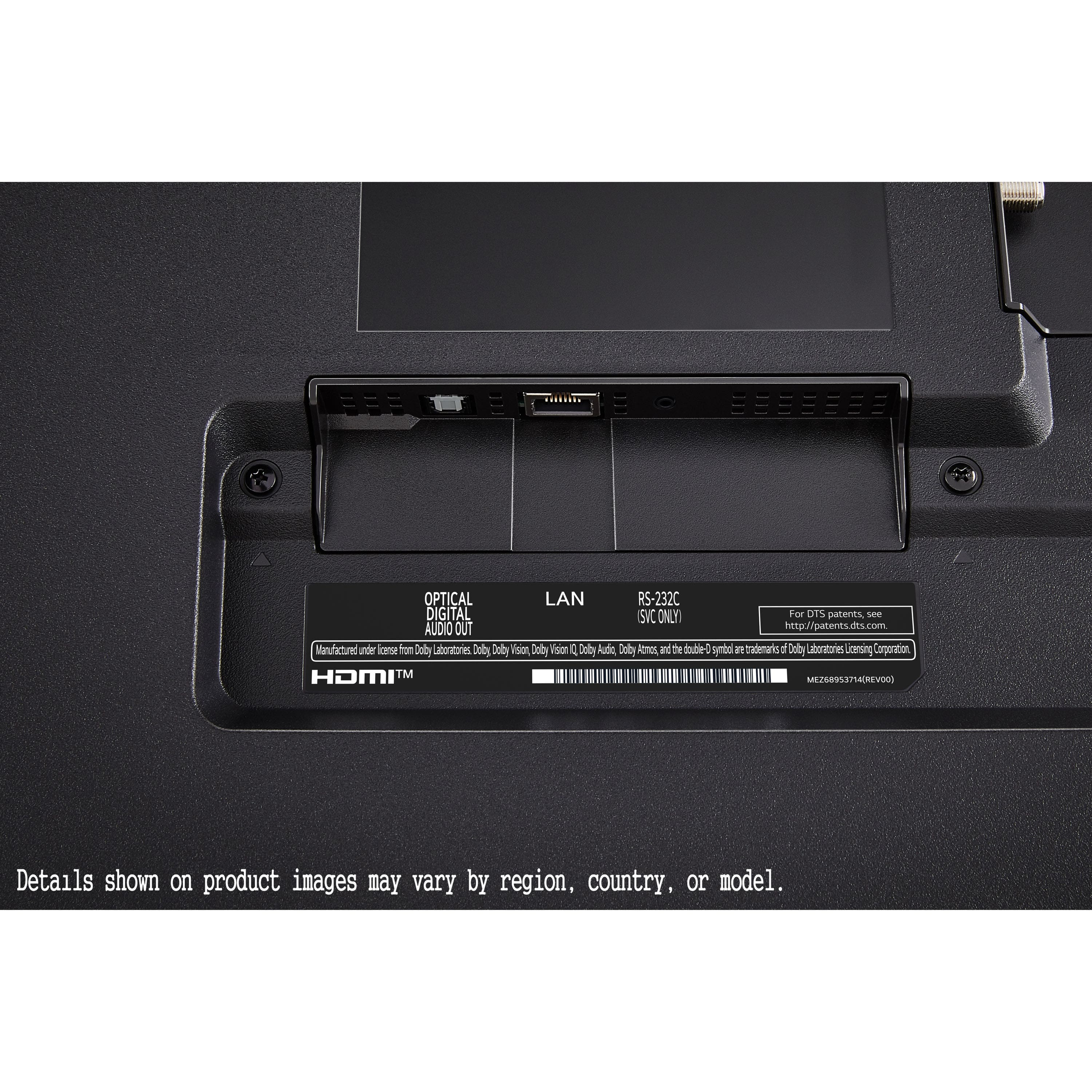 The text on the image is about a product that features an optical LAN, RS-232C digital sub output, and audio out. The product is manufactured by Dolby Laboratories and is designed for Dolby Vision and Dolby Atmos. The trademarks are owned by Dolby Laboratories and are licensed by Dolby Licensing Corporation. The product is an HDMI device, and the details shown on the product images may vary by region, country, or model.