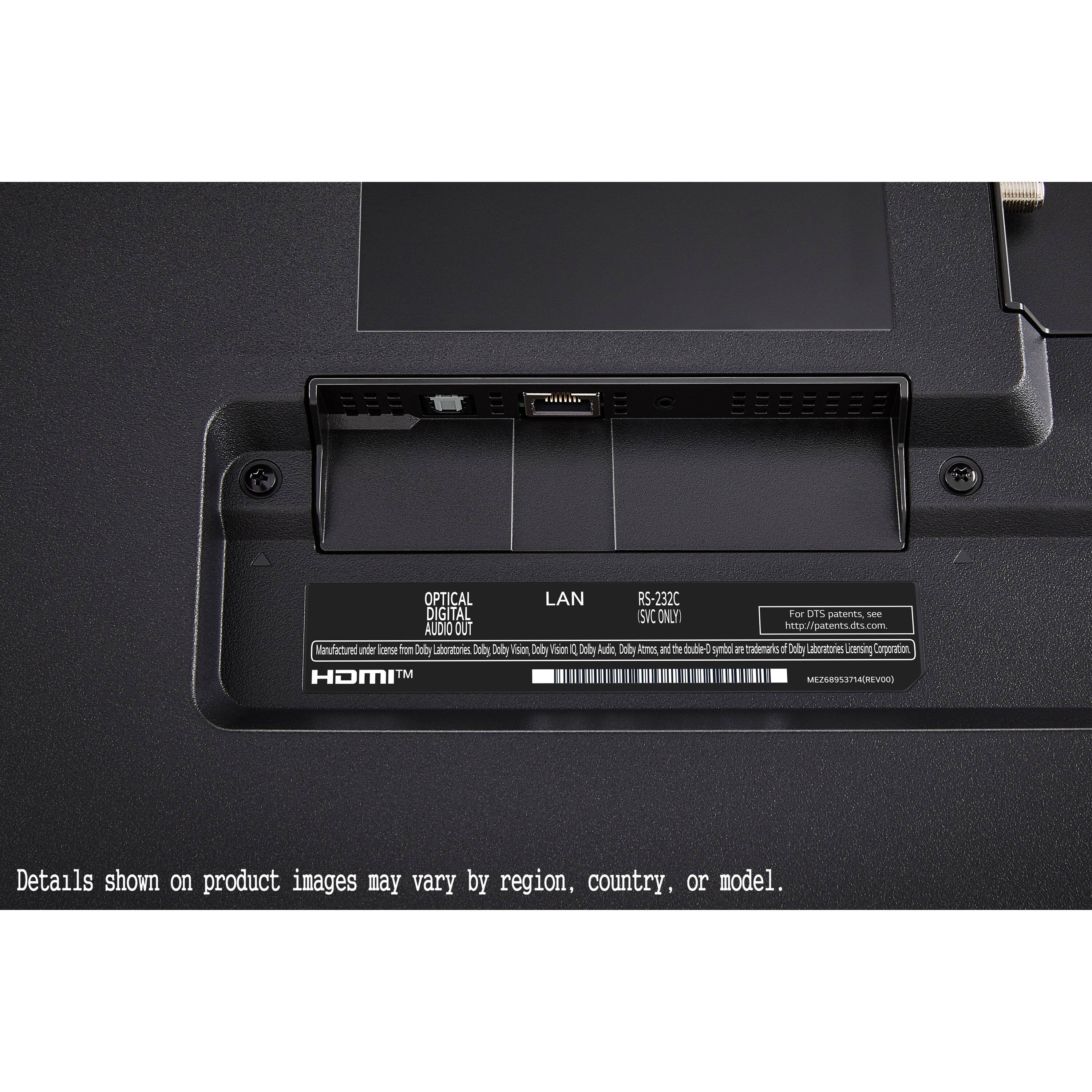 The text on the image is about a product that features an optical LAN, RS-232C digital sub output, and audio out. The product is manufactured by Dolby Laboratories and is designed for Dolby Vision and Dolby Atmos. The trademarks are owned by Dolby Laboratories and are licensed by Dolby Licensing Corporation. The product is an HDMI device, and the details shown on the product images may vary by region, country, or model.