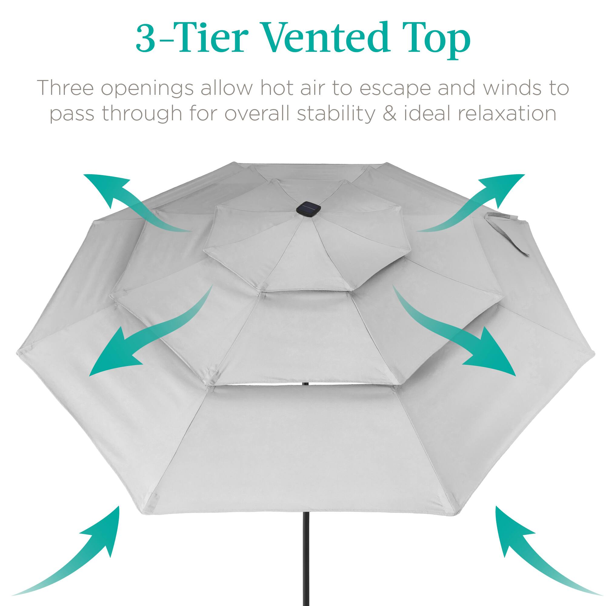 3-Tier Vented Top

Three openings allow hot air to escape and winds to pass through for overall stability & ideal relaxation
