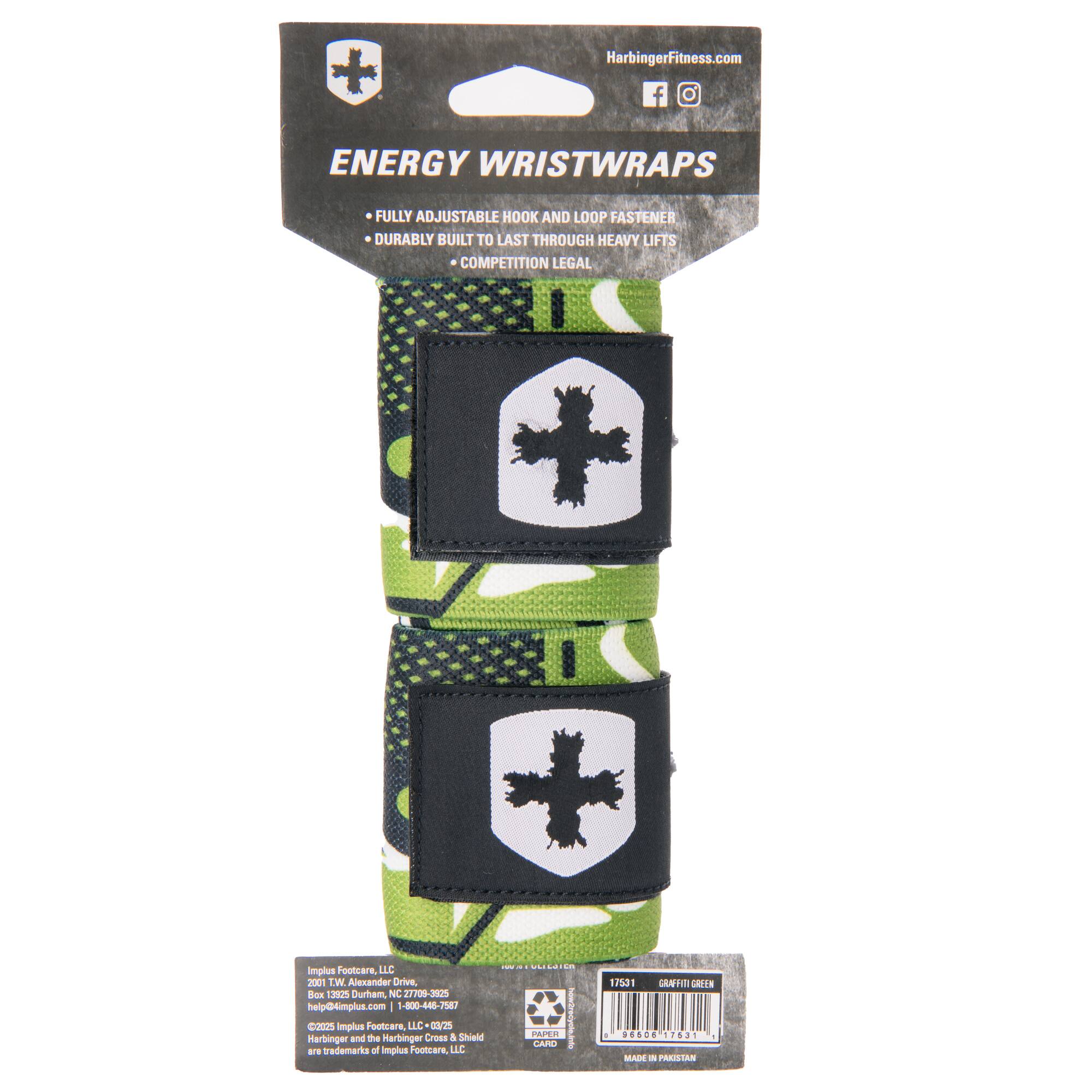 HarbingerFitness.com  
ENERGY WRISTWRAPS  
FULLY ADJUSTABLE HOOK AND LOOP FASTENER  
DURABLY BUILT TO LAST THROUGH HEAVY LIFTS  
COMPETITION LEGAL  

Implus Footcare, LLE  
2001 T.W. Alexander Drive  
Box 13025  
Durham, NC 27709-3025  
help@implus.com  
1-800-445-7587  

Implus Footcare LLC  
Herbinger and the Harbinger Cross & Shield are trademarks of Implus Footcare LLC  

17531  
SRAFHN  
SRFN  
26  
17625  
MADE IN PAKISTAN  

17531  
GRAFFITI GREEN  
9860017051  
MADE IN PAKISTAN