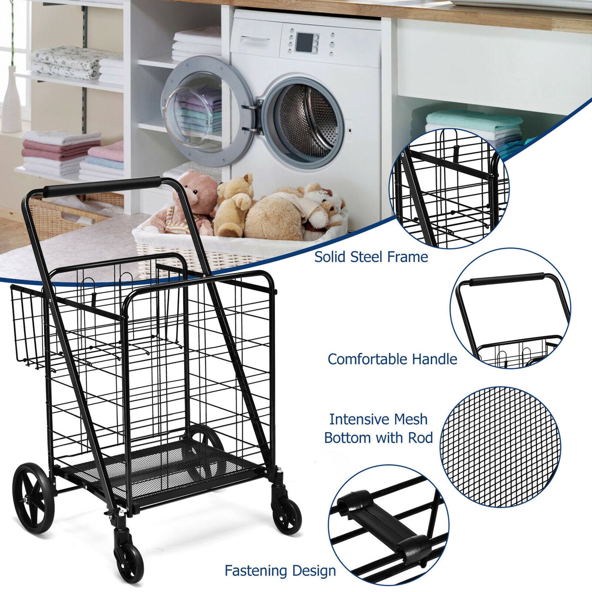 The image features a black shopping cart with a solid steel frame, a comfortable handle, and an intensive mesh bottom with a rod fastening design.