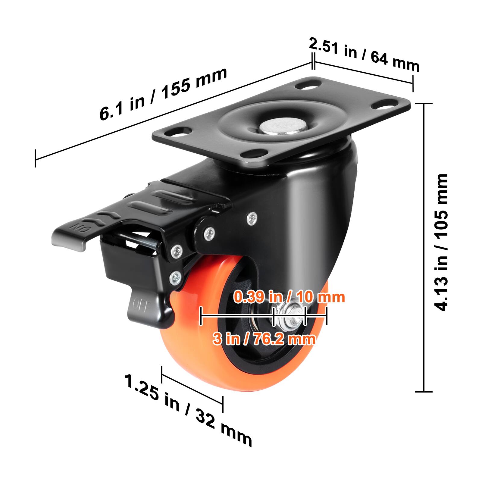 6.1 in / 155 mm  
2.51 in / 64 mm  
0.39 in / 10 mm  
3 in / 76.2 mm  
1.25 in / 32 mm  
4.13 in / 105 mm