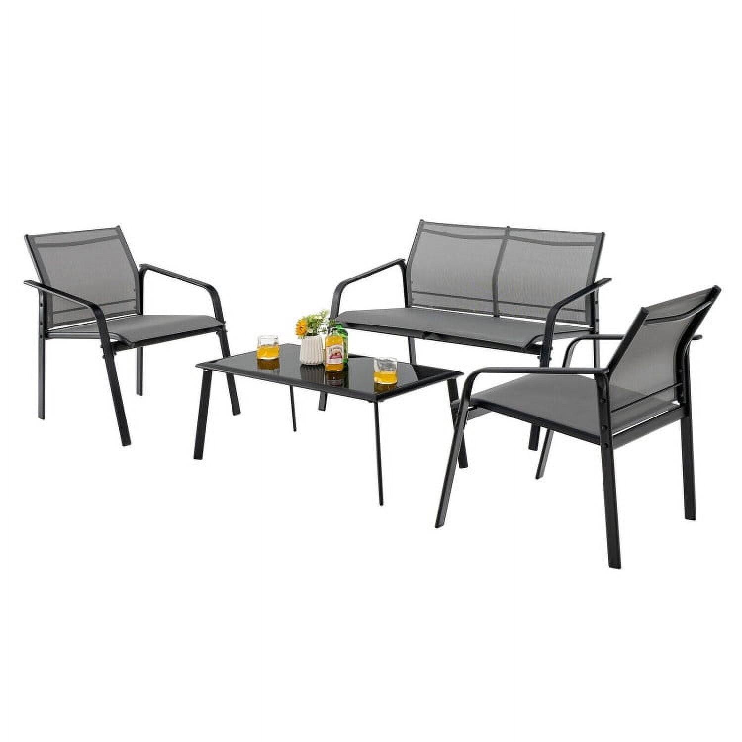 Pefilos - 4 Pieces Patio Furniture Set, Deluxe Outdoor Patio with Armrest Loveseat Sofas and Glass Dining Table Deck - Gray