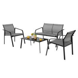 Pefilos - 4 Pieces Patio Furniture Set, Deluxe Outdoor Patio with Armrest Loveseat Sofas and Glass Dining Table Deck - Gray