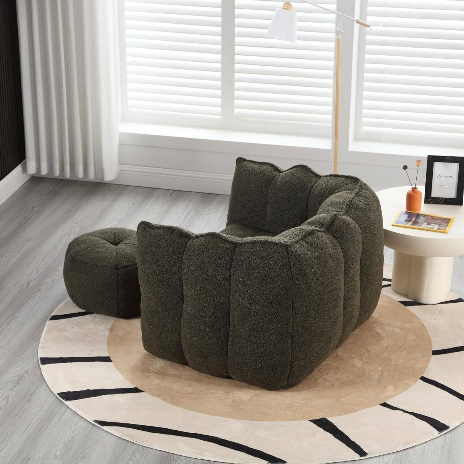 Alt View 6. Trinkets Crazed - Chenille Giant Bean Bag Sleeper Chair with Ottoman, Adults and Kids Lazy Floor Sofa Couch - olive green.