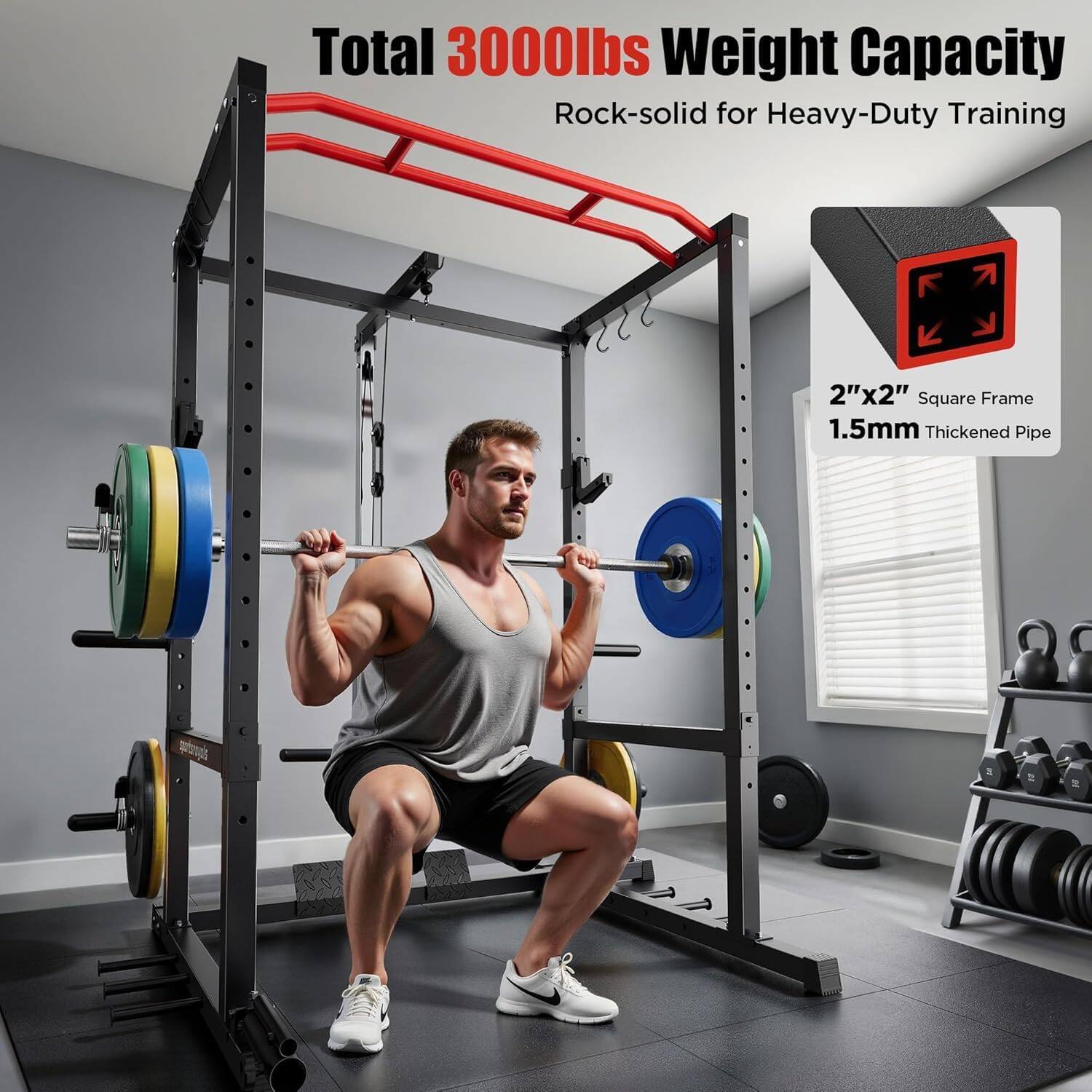 Total 3000lbs Weight Capacity  
Rock-solid for Heavy-Duty Training  

2"x2" Square Frame  
1.5mm Thickened Pipe