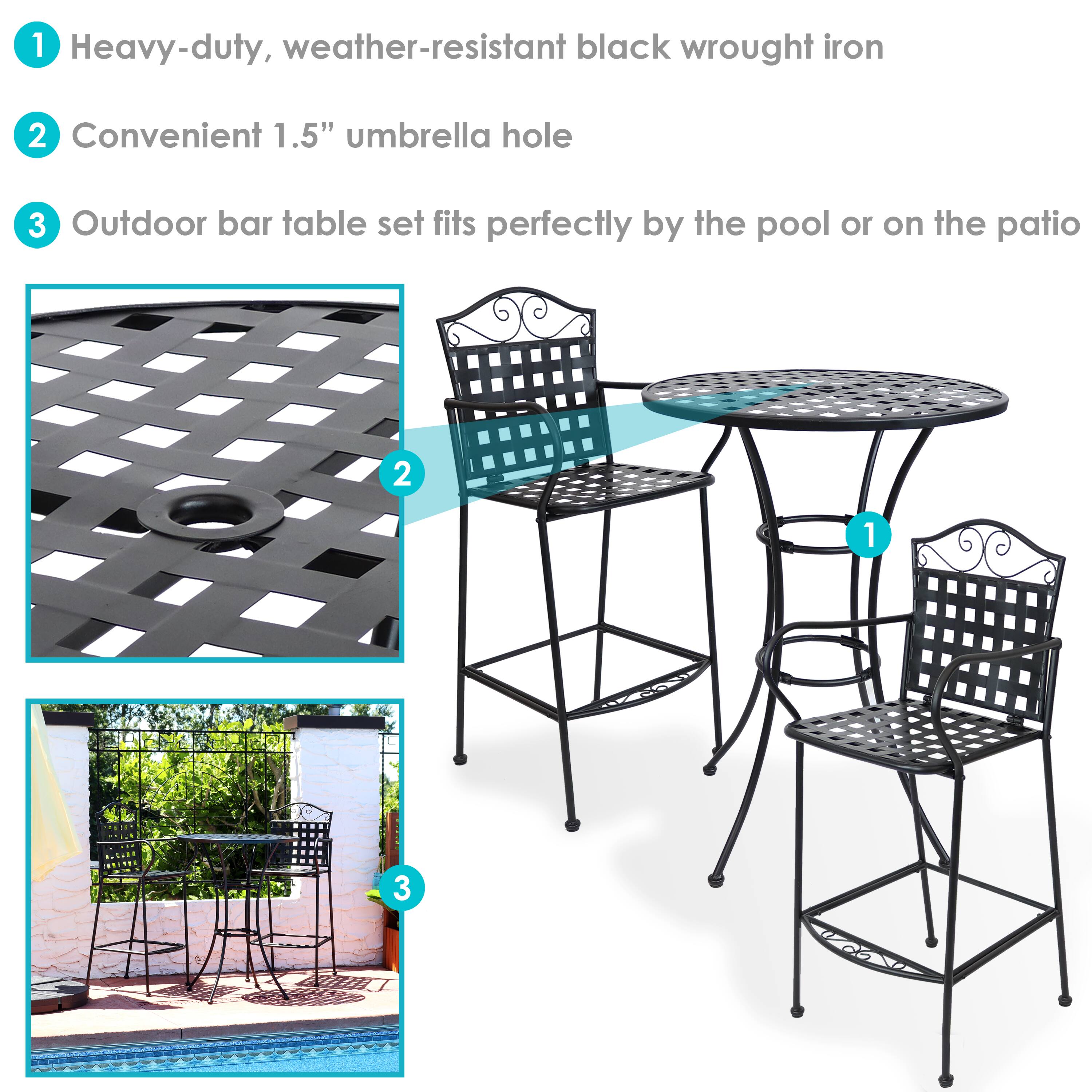 1. Heavy-duty, weather-resistant black wrought iron
2. Convenient 1.5" umbrella hole
3. Outdoor bar table set fits perfectly by the pool or on the patio