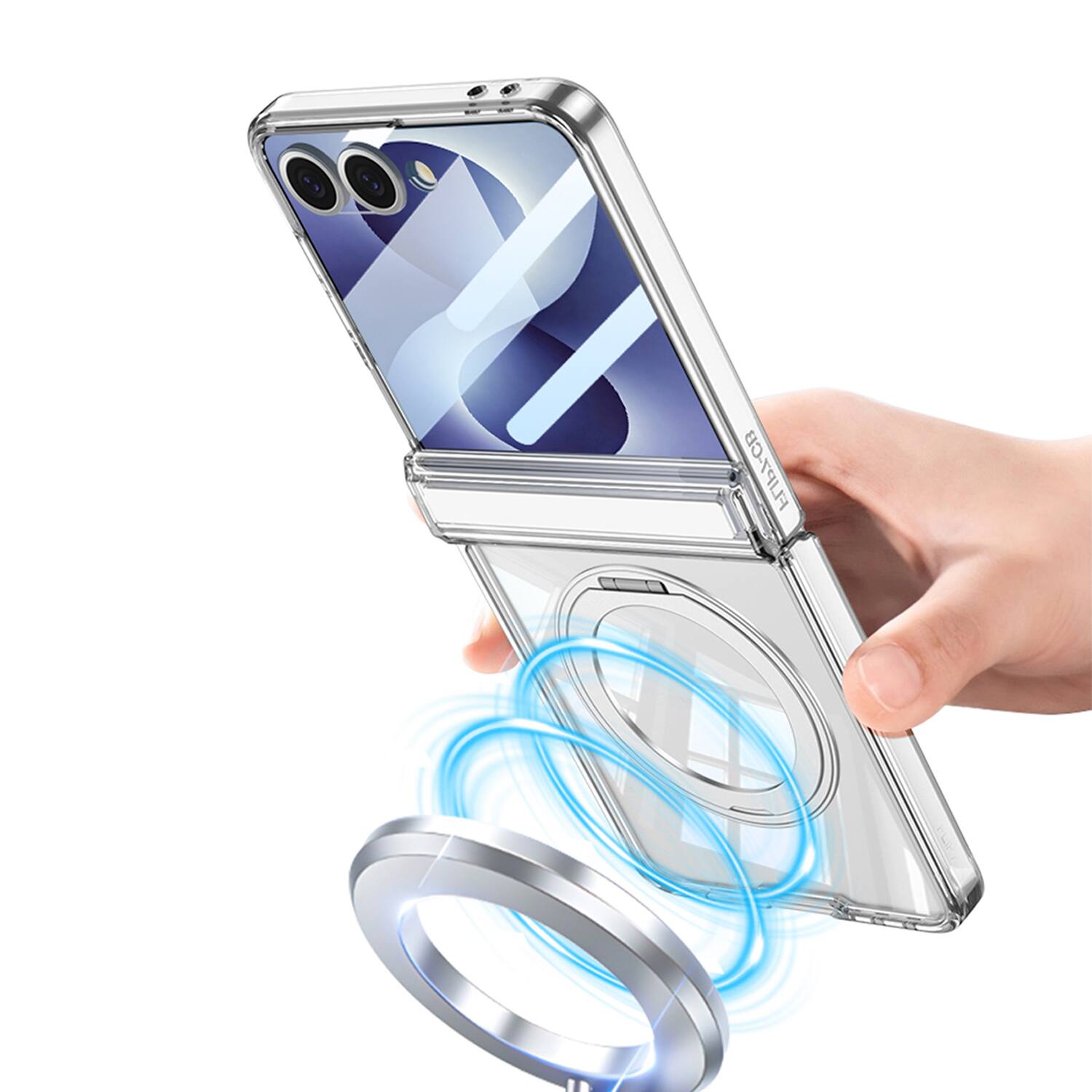Angle. Dteck - for Samsung Galaxy Z Flip8 Magnetic Clear Case,Bulit in Screen Protector,Shockproof Hinge Protection Cover with Stand - Clear.