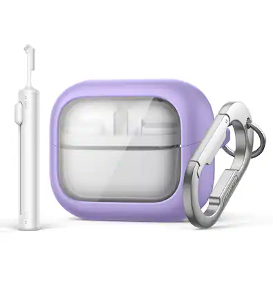 Front. SURITCH - Headphone Bumper Case for Samsung Galaxy Buds 3 Pro/Buds 3/Buds3 FE with Carabiner,Cleaning Kit,Removal Tool,Magnetic - Purple.