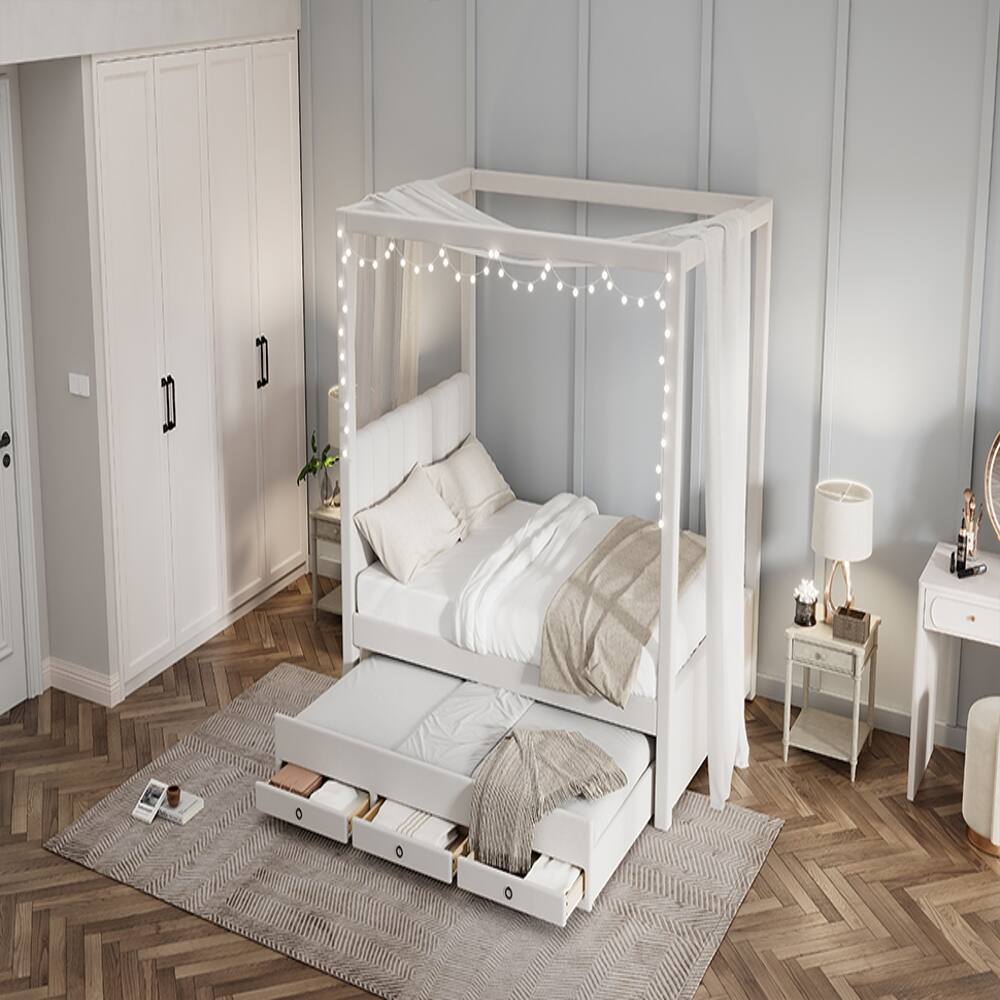 Alt View 2. Loheer - Loheer Full Size Canopy Bed Upholstered Platform Bed with Trundle and 3 Storage Drawers Beige Pine Wood Bed Frame - Beige.