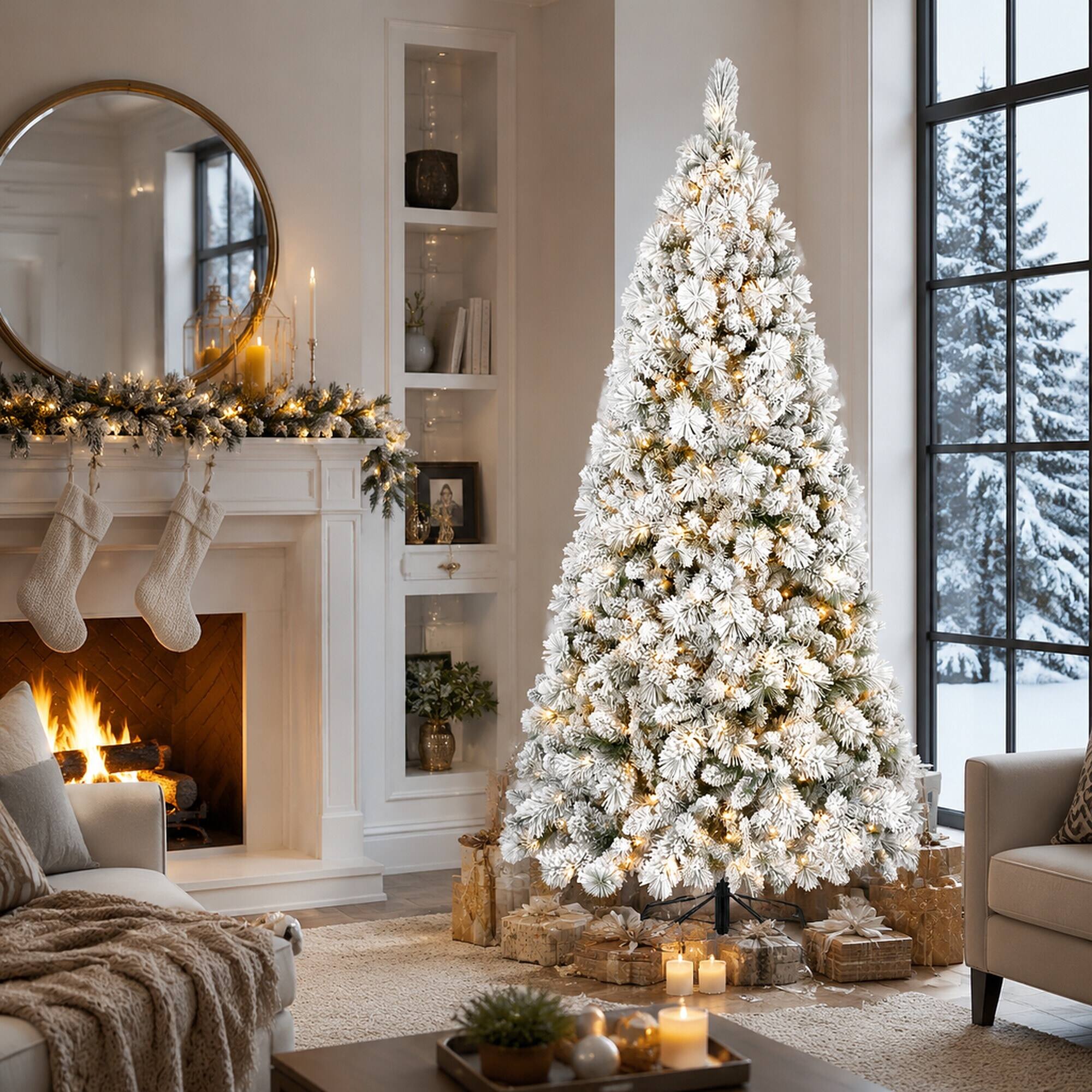Left. RYHNUYNE - 8FT Flocked Pre-Lit Christmas Tree, 600 Warm White LED Lights 1445 Tips PVC Hard Needle Hinged Design - Green,White.