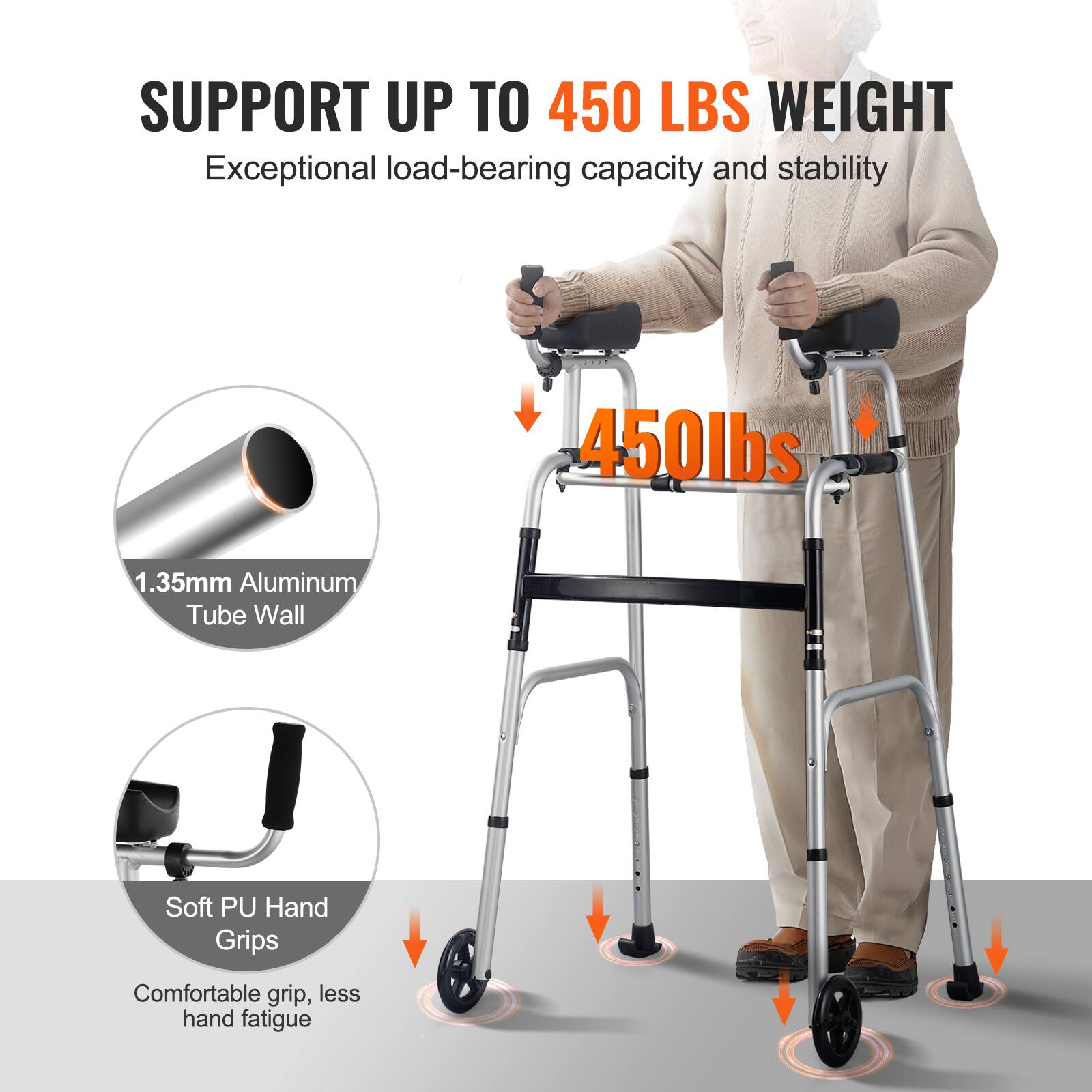 SUPPORT UP TO 450 LBS WEIGHT, Exceptional load-bearing capacity and stability, 450lbs, 1.35mm Aluminum Tube Wall, Soft PU Hand Grips, Comfortable grip, less hand fatigue