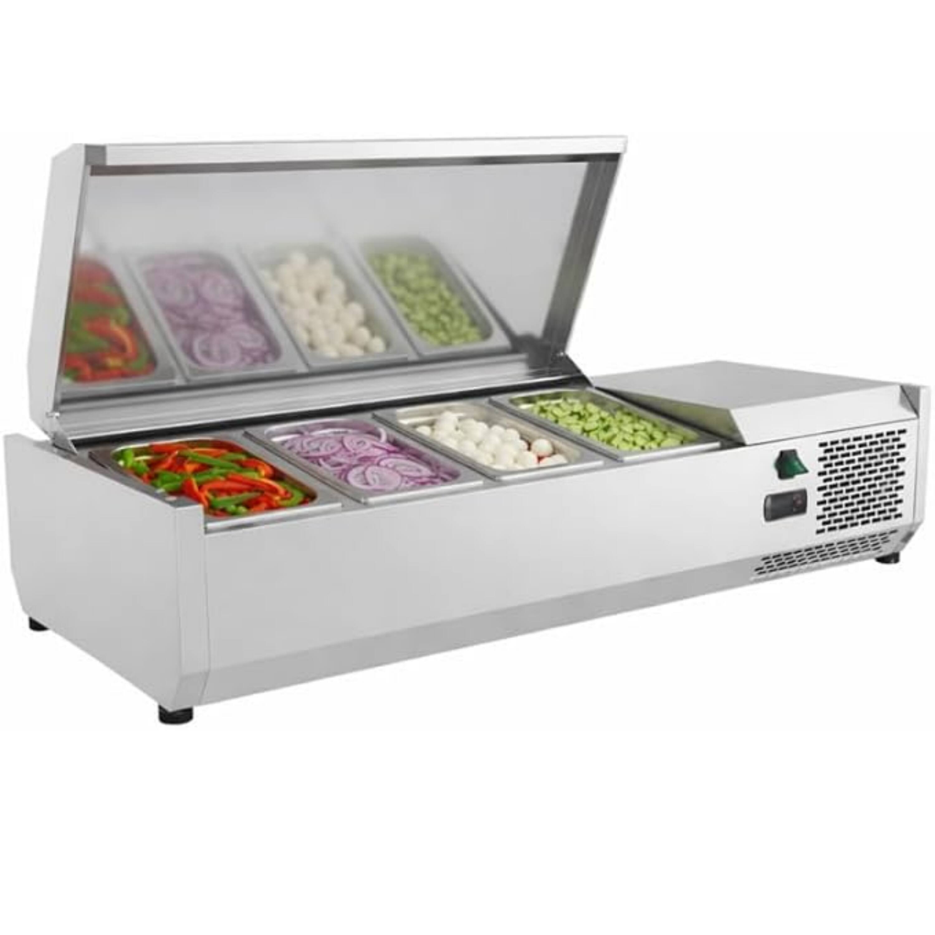 Angle. Equator - Equator Vitlife Commercial Refrigerator Condiment Prep Station, Stainless Lid 4 Pan(GN1/3*3+GN1/2*1) 33-41°F, 47.2" - Stainless Steel.