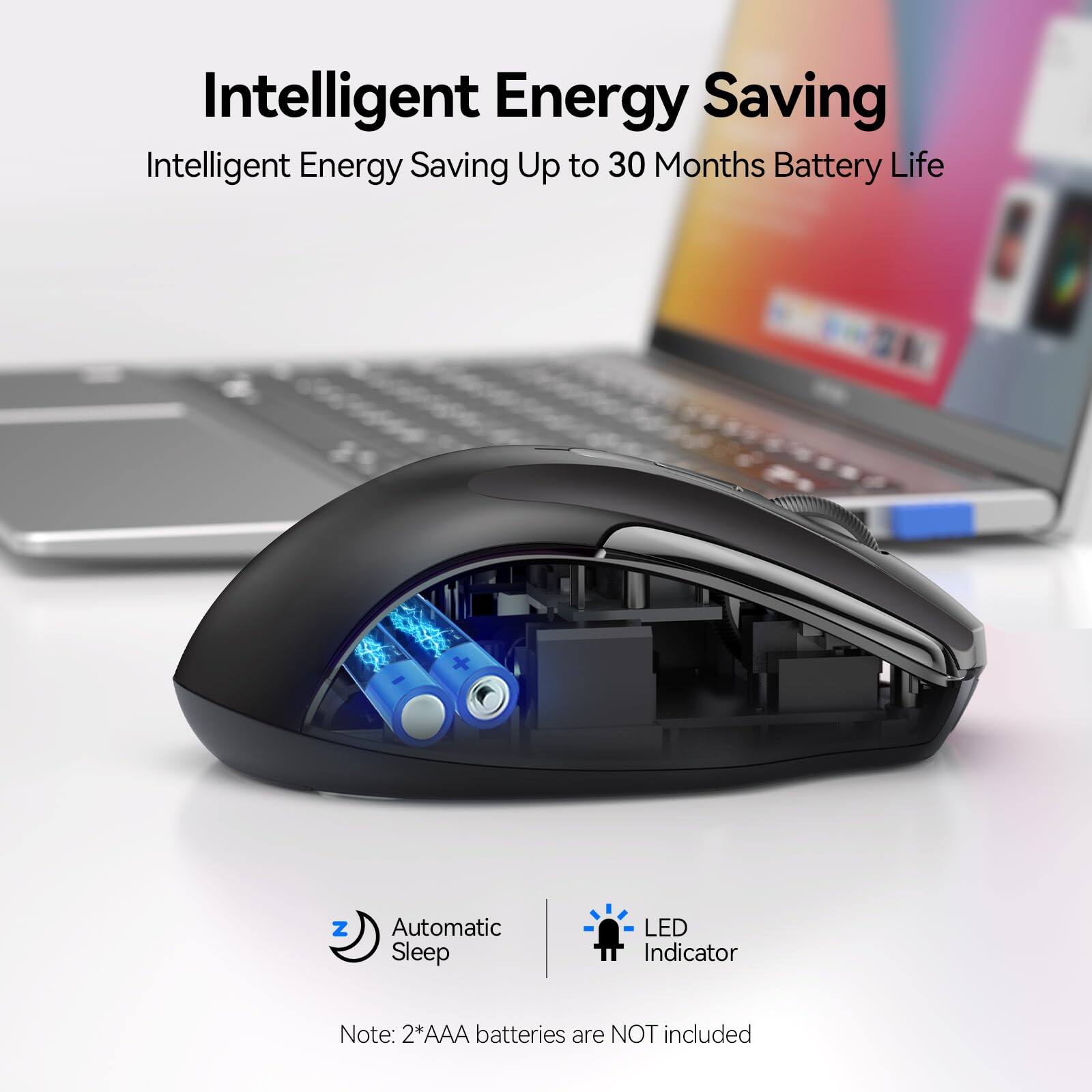 Intelligent Energy Saving  
Intelligent Energy Saving Up to 30 Months Battery Life  

Automatic Sleep  
LED Indicator  

Note: 2*AAA batteries are NOT included