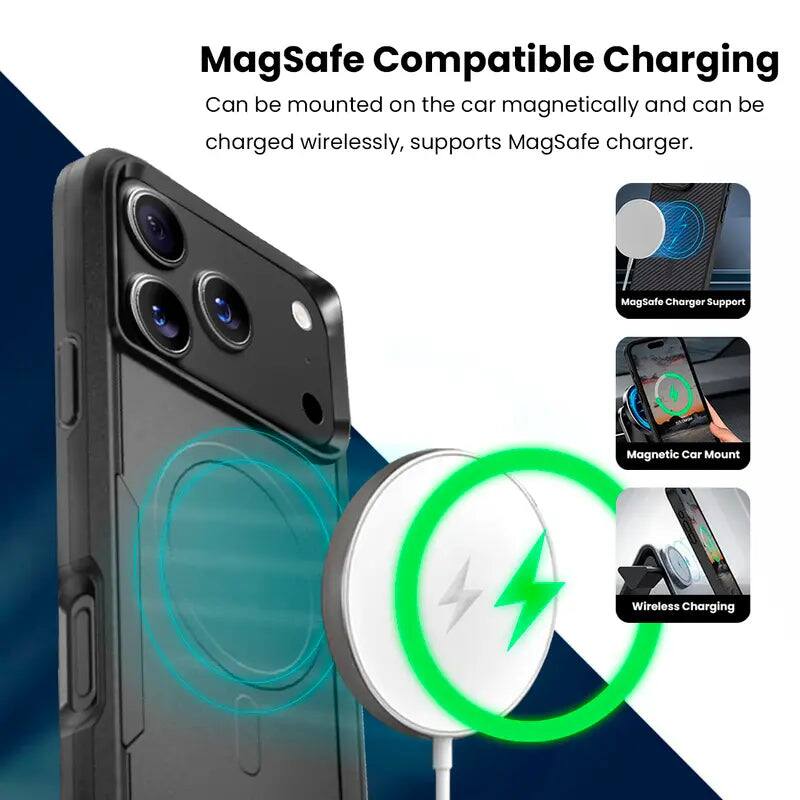 MagSafe Compatible Charging  
Can be mounted on the car magnetically and can be charged wirelessly, supports MagSafe charger.  

MagSafe Charger Support  
Magnetic Car Mount  
Wireless Charging