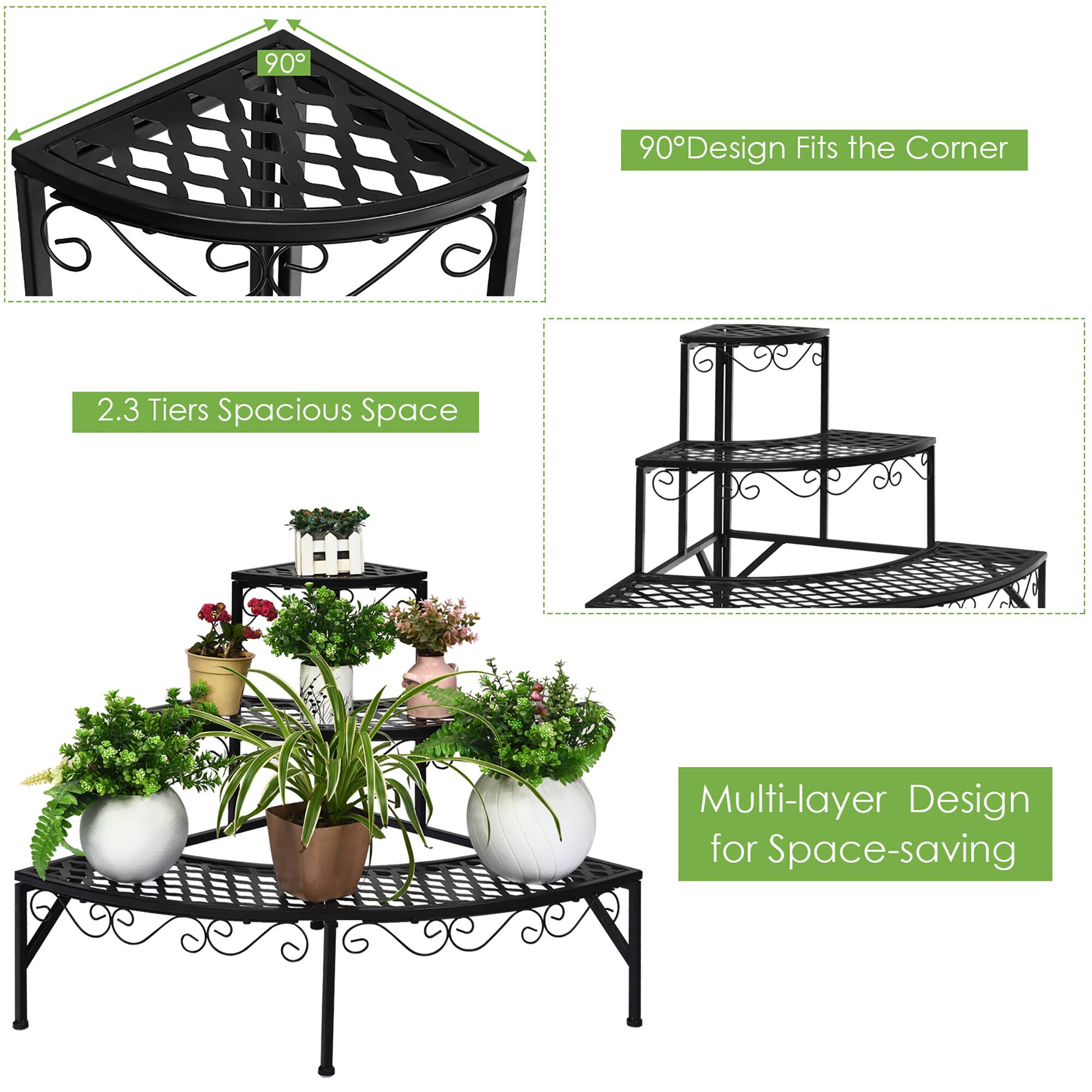 The text on the image is grouped as follows:

1. 90 90 90Design Fits the Corner: This text describes the design aspect of the product that allows it to fit into the corner of a space.
2. 2.3 Tiers Spacious Space: This text describes the product's structure, which consists of two tiers and provides ample space for plants and decorations.
3. Multi-layer Design for Space-saving: This text highlights the design's space-saving features, which make it an ideal choice for small or crowded spaces.