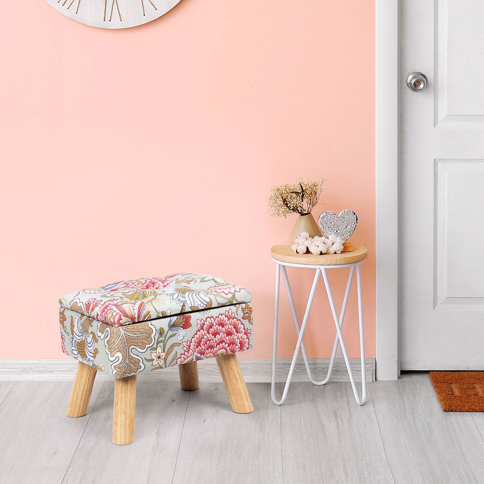 Alt View 1. Oumilen - Square Floral Fabric Storage Ottoman Foot Stool with Wooden Legs - Flower.
