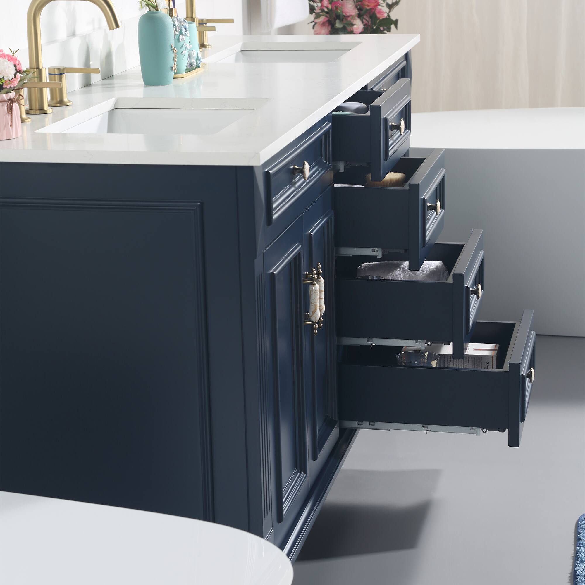 Back. WELLFOR - ARTWOOD 72 in. Solid Wood Bath Vanity with Quartz Top, Double Sink, Soft Close, Assembled - Navy Blue.