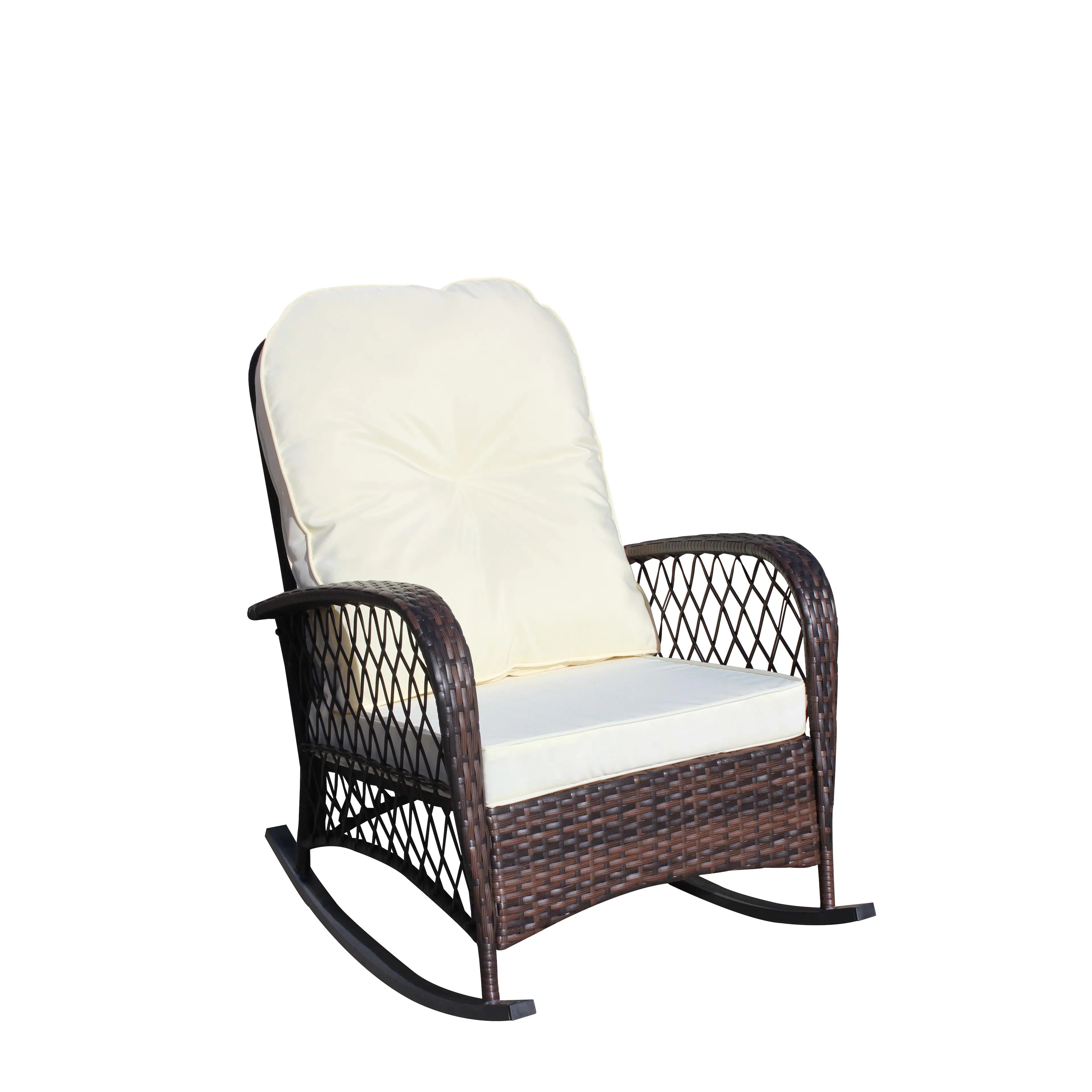 Alt View 4. Tiramisubest - Outdoor Wicker Rocking Chair with Wide Seat,Steel Frame & Thick Cushion for Patio,Garden,Backyard,Beige Cushion - Brown+Beige.