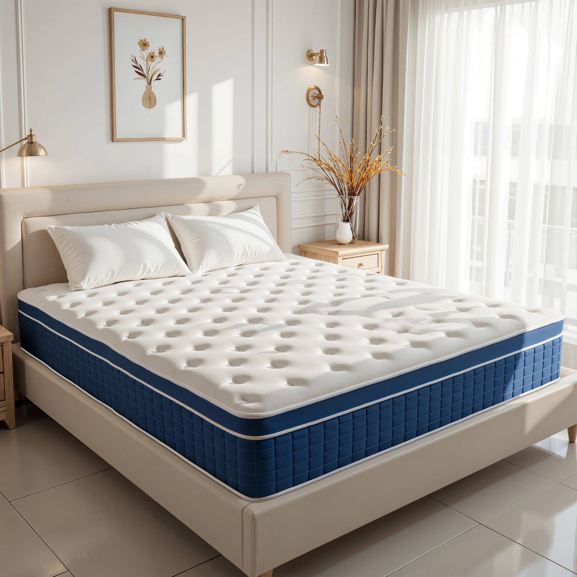 Alt View 1. Kadyn - Boxed Memory Foam Hybrid Mattress With Pocketed Springs, 14 Inch Height Medium-Firm - White and Blue.