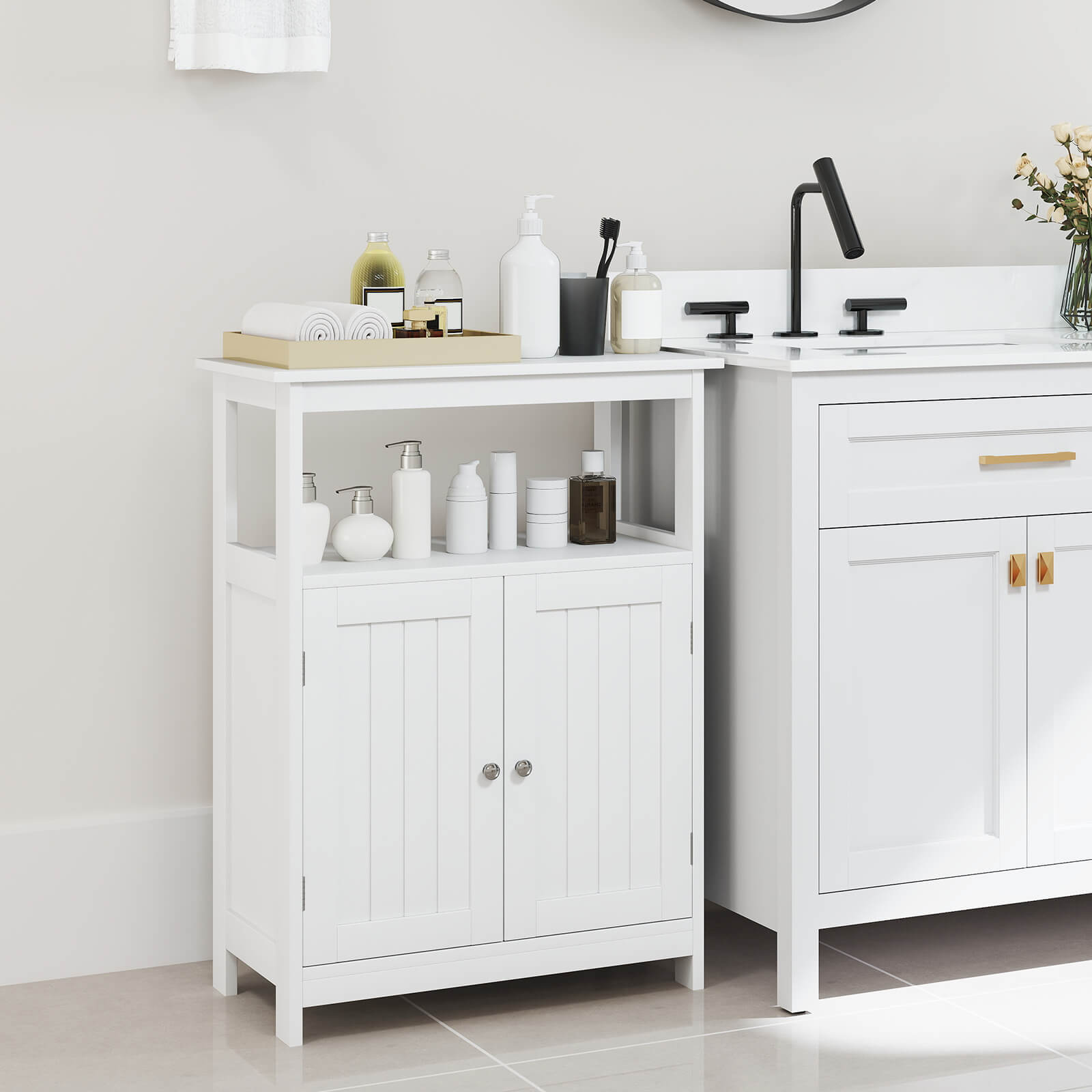 Alt View 1. Costway - Costway Bathroom Floor Cabinet Freestanding Storage Organizer with 2 Doors Open Compartment White - White.