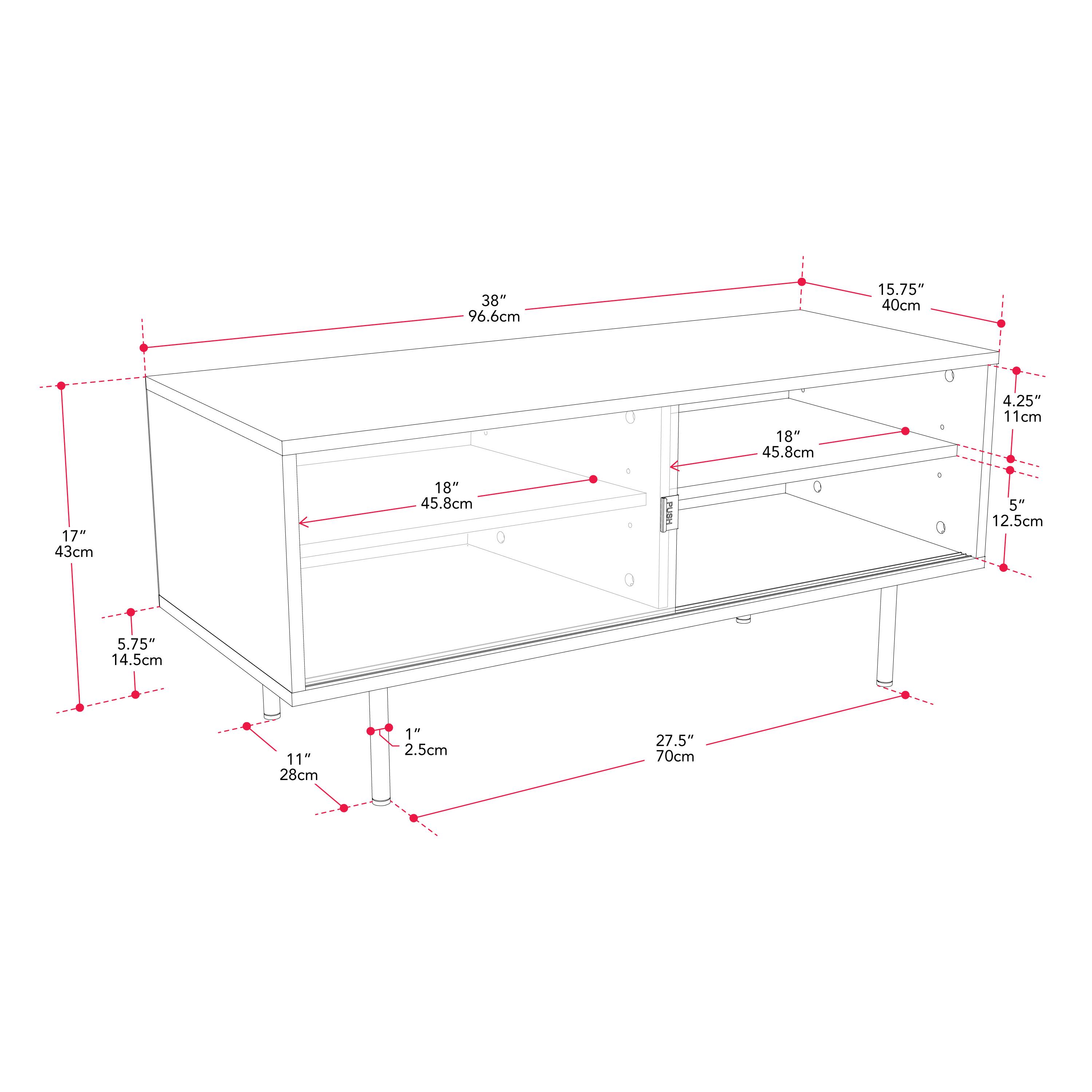 The image shows a table with a white top and a red border. The table is accompanied by a diagram that provides measurements for the table's dimensions. The table is 38 inches long, 15.75 inches wide, and 18 inches high. The measurements are also provided for the table's individual components, such as the top, legs, and shelf. The table is designed to be a functional and visually appealing piece of furniture for various settings.
