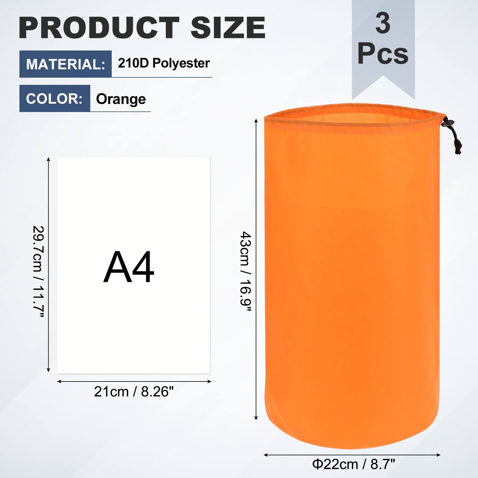 PRODUCT SIZE  
MATERIAL: 210D Polyester  
3 Pcs  
COLOR: Orange  
A4  
21cm / 8.26"  
29.7cm / 11.7"  
43cm / 16.9"  
Φ22cm / 8.7"