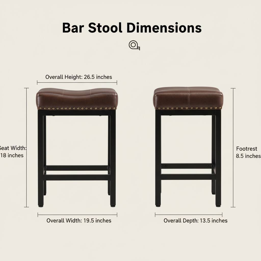 Bar Stool Dimensions

- Overall Height: 26.5 inches
- Seat Width: 18 inches
- Overall Width: 19.5 inches
- Overall Depth: 13.5 inches
- Footrest: 8.5 inches