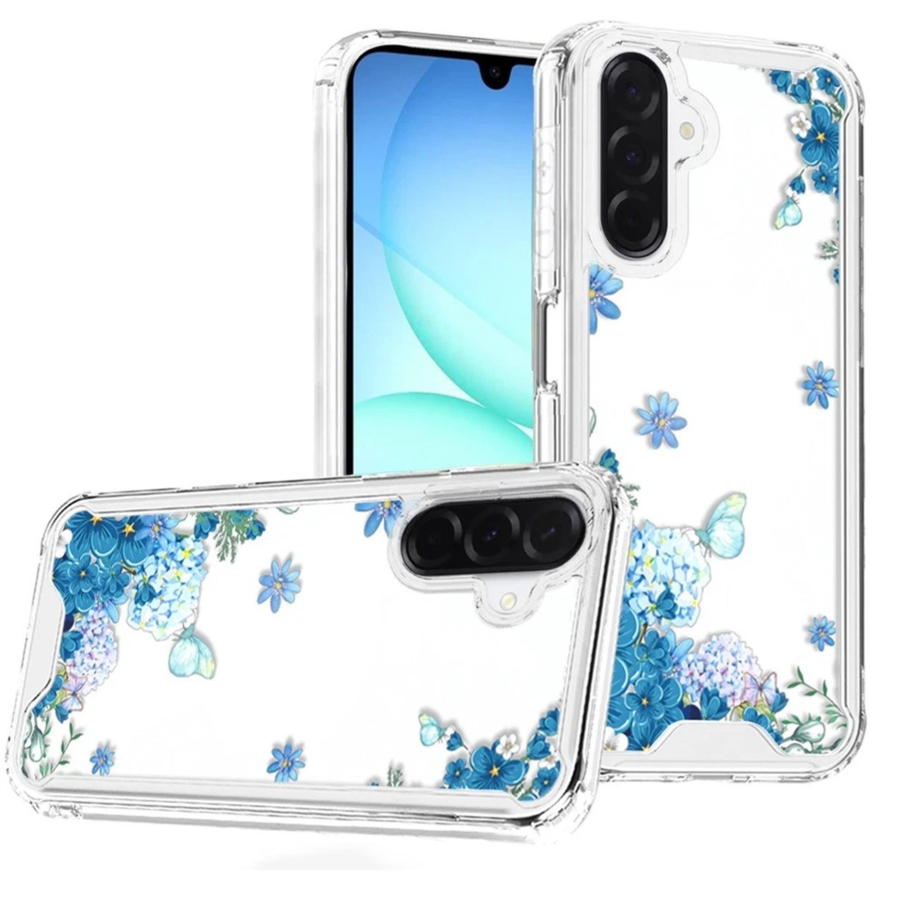 Front. Kitcheniva - Cute Trendy Design Clear TPU Phone Case With Tempered Glass For Samsung Galaxy A17 5G Blue Leaves - Blue.