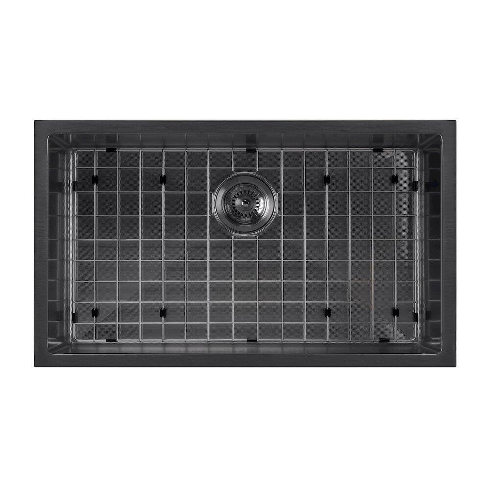 Angle. Whitehaus - Noah Plus 16 gauge Single Bowl Linen Textured Dual-Mount Sink Set - Black.