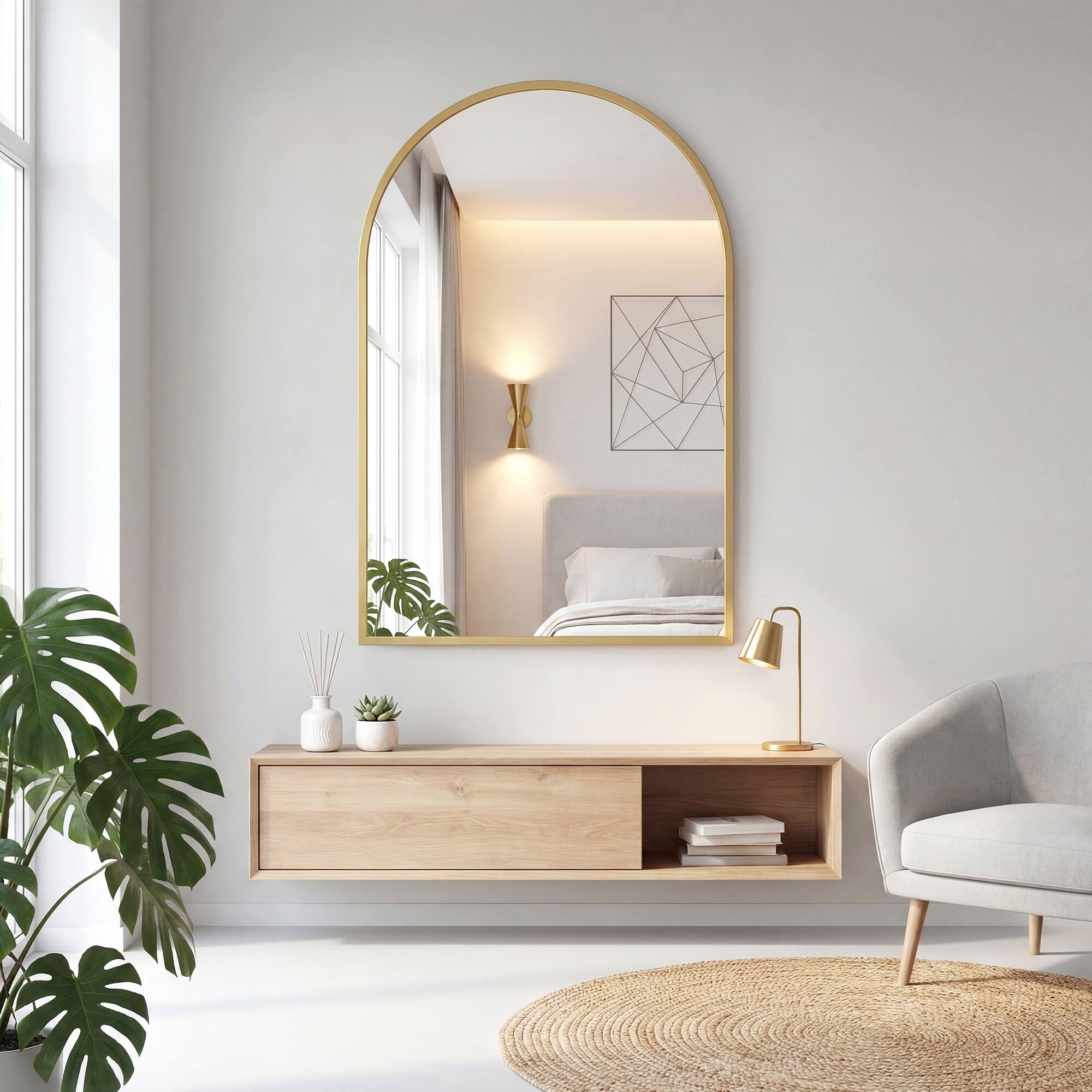 Alt View 2. Sweetcrispy - 24" x 36" Arch Framed Bathroom Wall Mirror, Shatterproof Vanity Mirror, Anti-Rust, Hanging or Leaning - Gold.